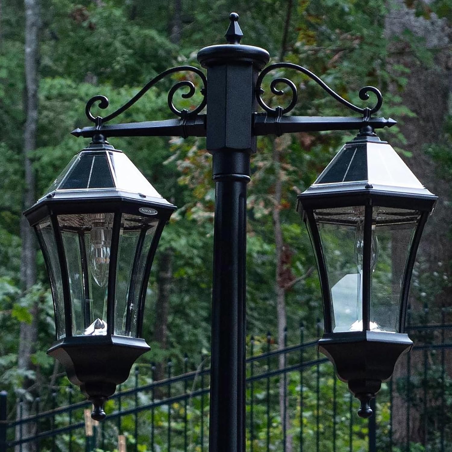 Gama Sonic Victorian Outdoor Solar Post Light, Double Hung Lamps, Cast Aluminum Durable, Solar Morph Technology, Black (94BM500D2)
