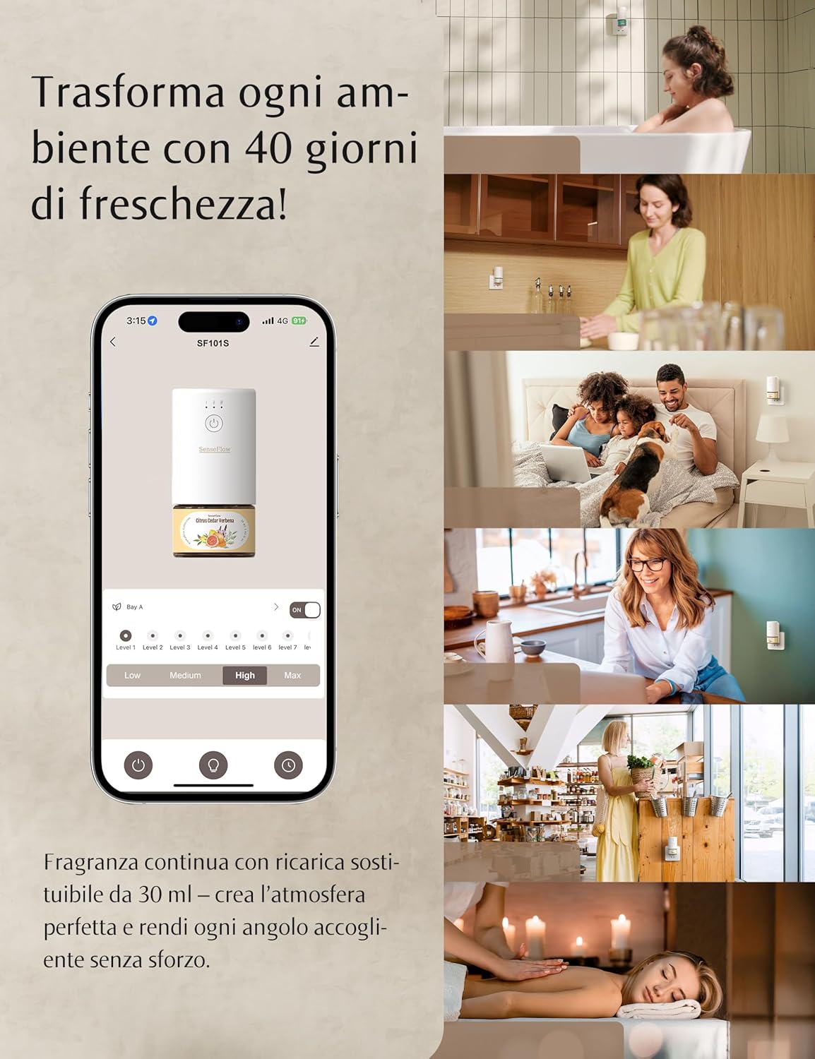 Smartphone screen displaying the SenseFlow app with fragrance intensity settings (Low, Medium, High, Max) and power controls.