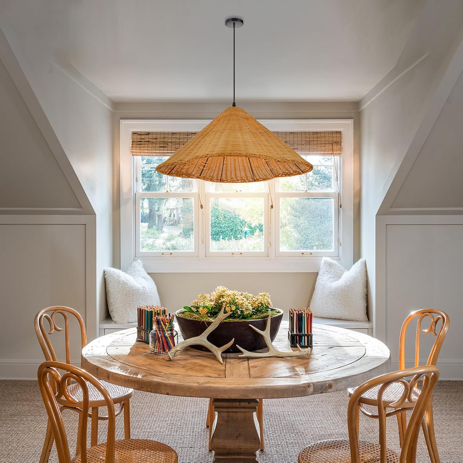 Arturesthome Modern Farmhouse Chandelier Woven Pendant Light Natural Rattan Hat Lamp Shape 1 Light Rustic Chandelier for Dining Room Kitchen Restaurant 23.6"