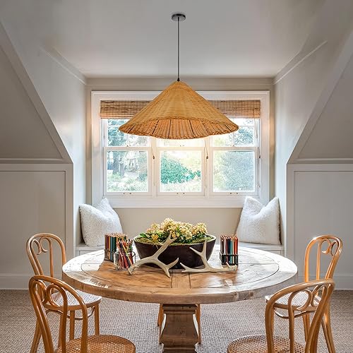 Miniatura 9 de Arturesthome 1 Luz Boho Lámpara Colgante de Ratán 23.6" Candelabro Costero Retro Tejido Lámpara de Techo Colgante para Granja Sala de Estar Comedor