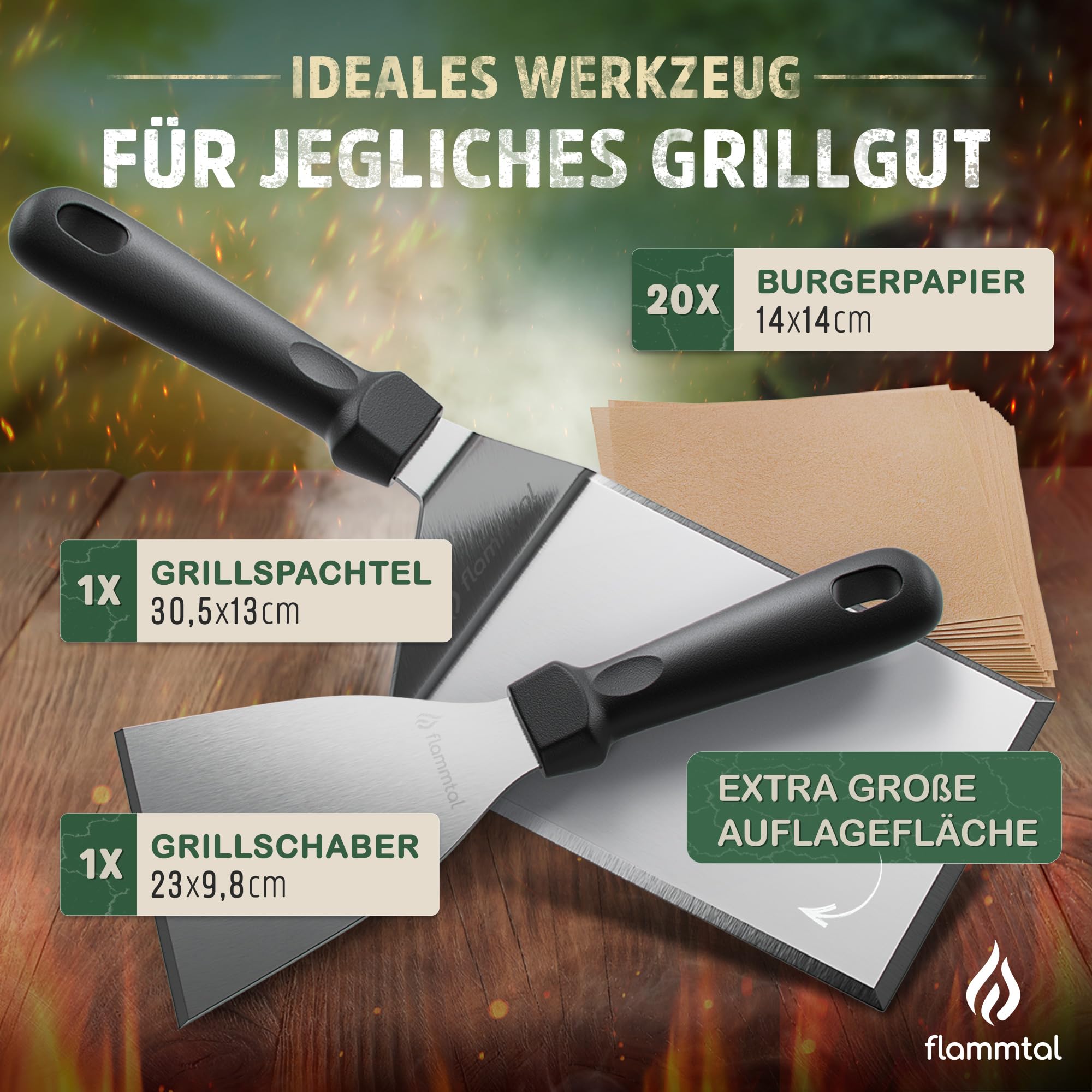flammtal [L'originale] – Set di 20 pezzi di carta per hamburger – Set di spatole per barbecue in acciaio inox – Spatola Plancha di alta qualità – Spatola per barbecue lavabile in lavastoviglie per