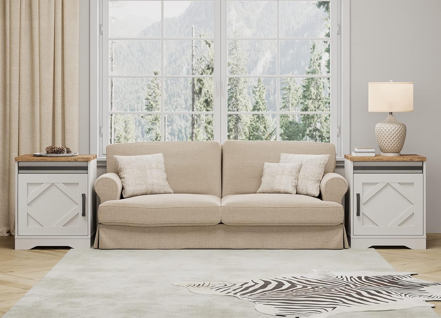 WAMPAT 24.3-inch Tall Farmhouse End Table Set of 2 with Drawer and Barn Door Cabinets for Living Room, Wood Rustic Nightstand for Bedroom,Wood Scoring-Style Purposeful Distressing,Antique White