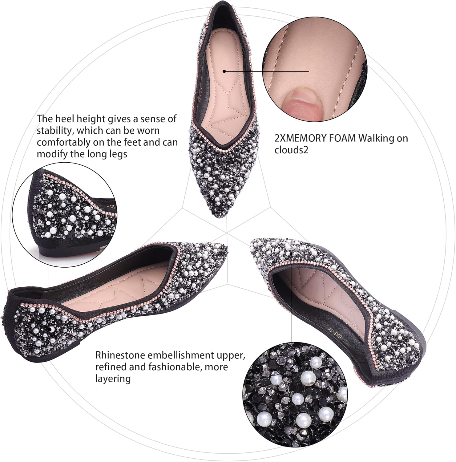 Women's Rhinestone Flats Fashion Pointed Toe Pearl Diamond Low Heel Dress Wedding Flats Work Business Dance Ballet Flats - Image 6