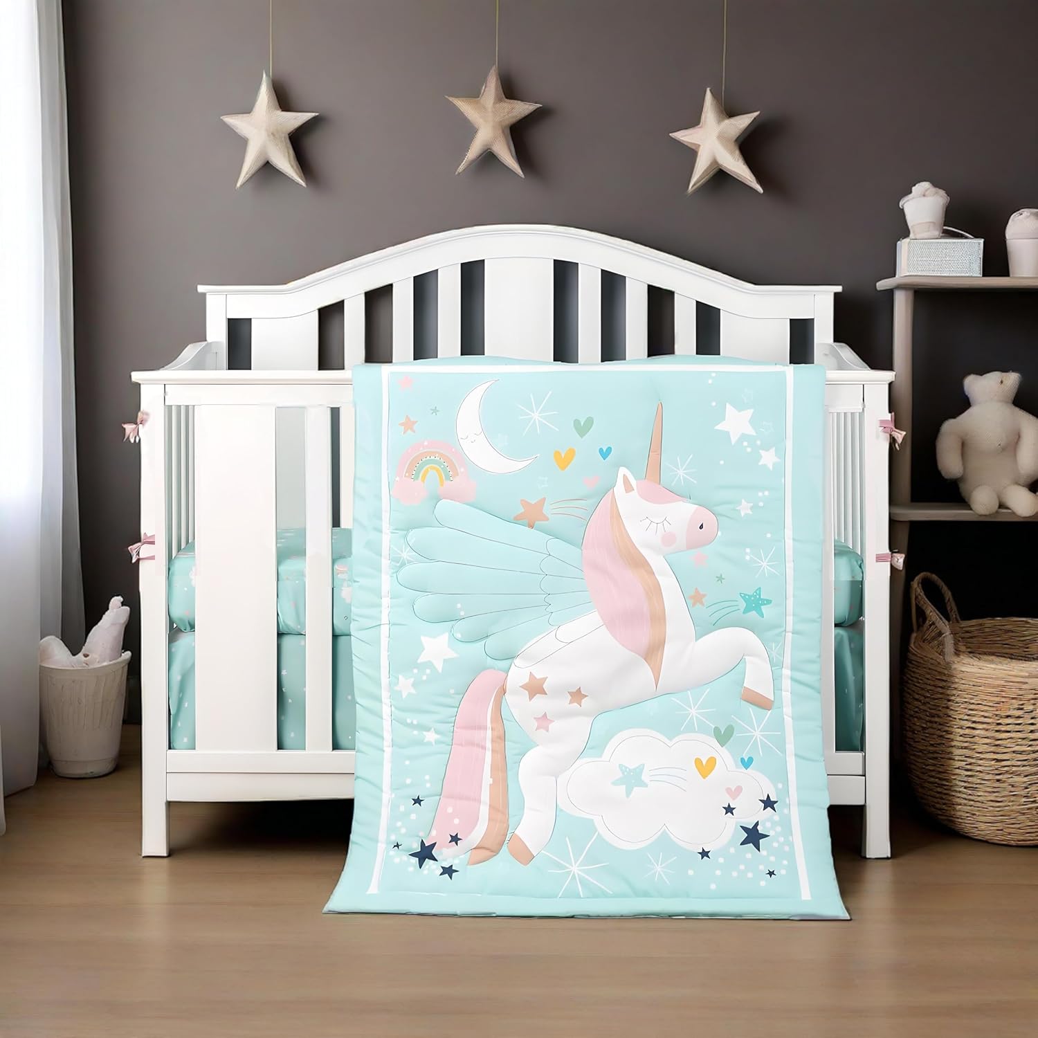 Animals 3pcs Baby Crib Bedding Set (Quilt, Fitted Crib Sheet, Crib Skirt) Pink Nursery Bedding Set for Girls Crib Bedding Sets for Girls (Unicorn)