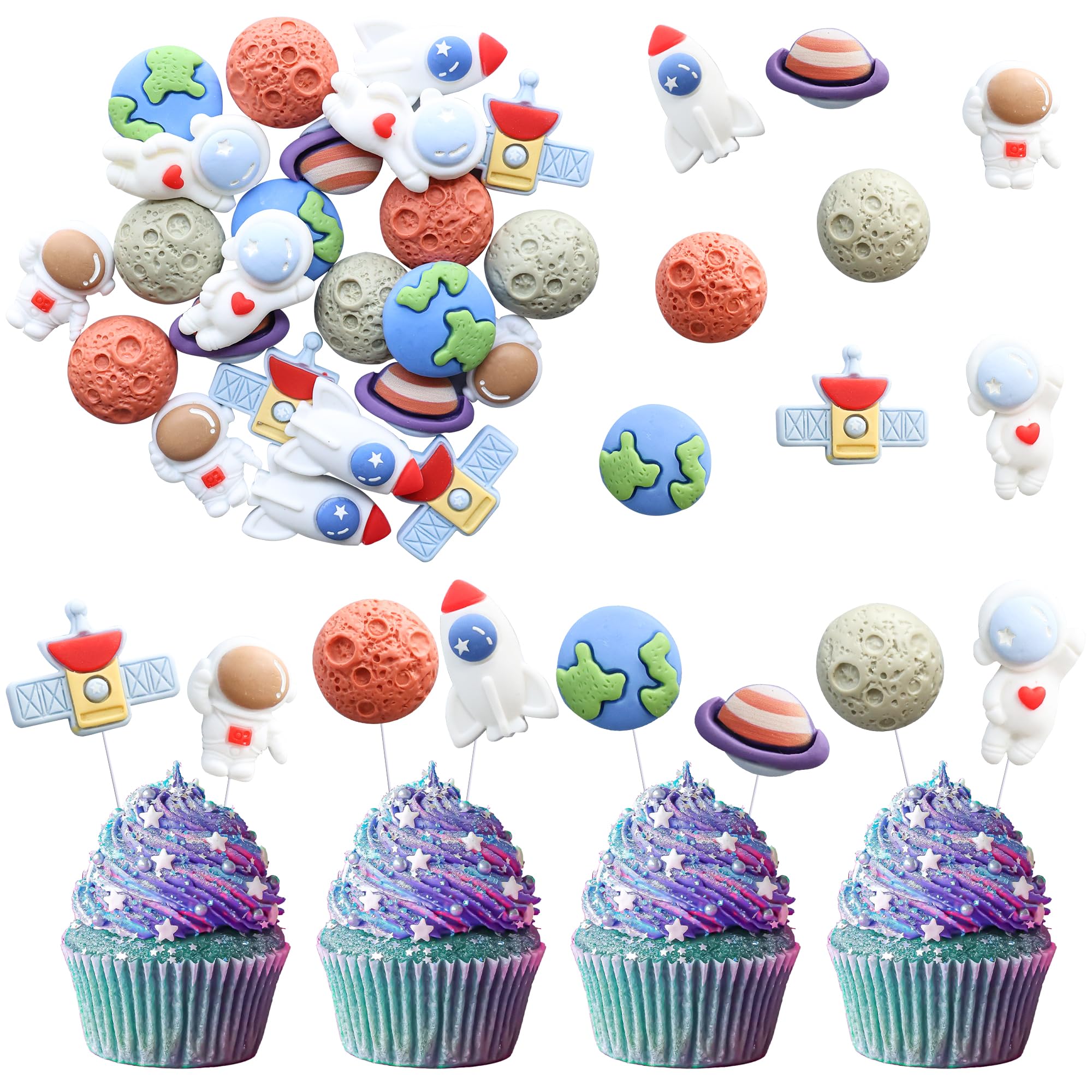 Ephlyn 24Pcs Outer Space Cupcake Toppers Planet Rocket Spaceship Trip to the Moon Star Cupcake Picks Solar System Galaxy Universe Planets Birthday