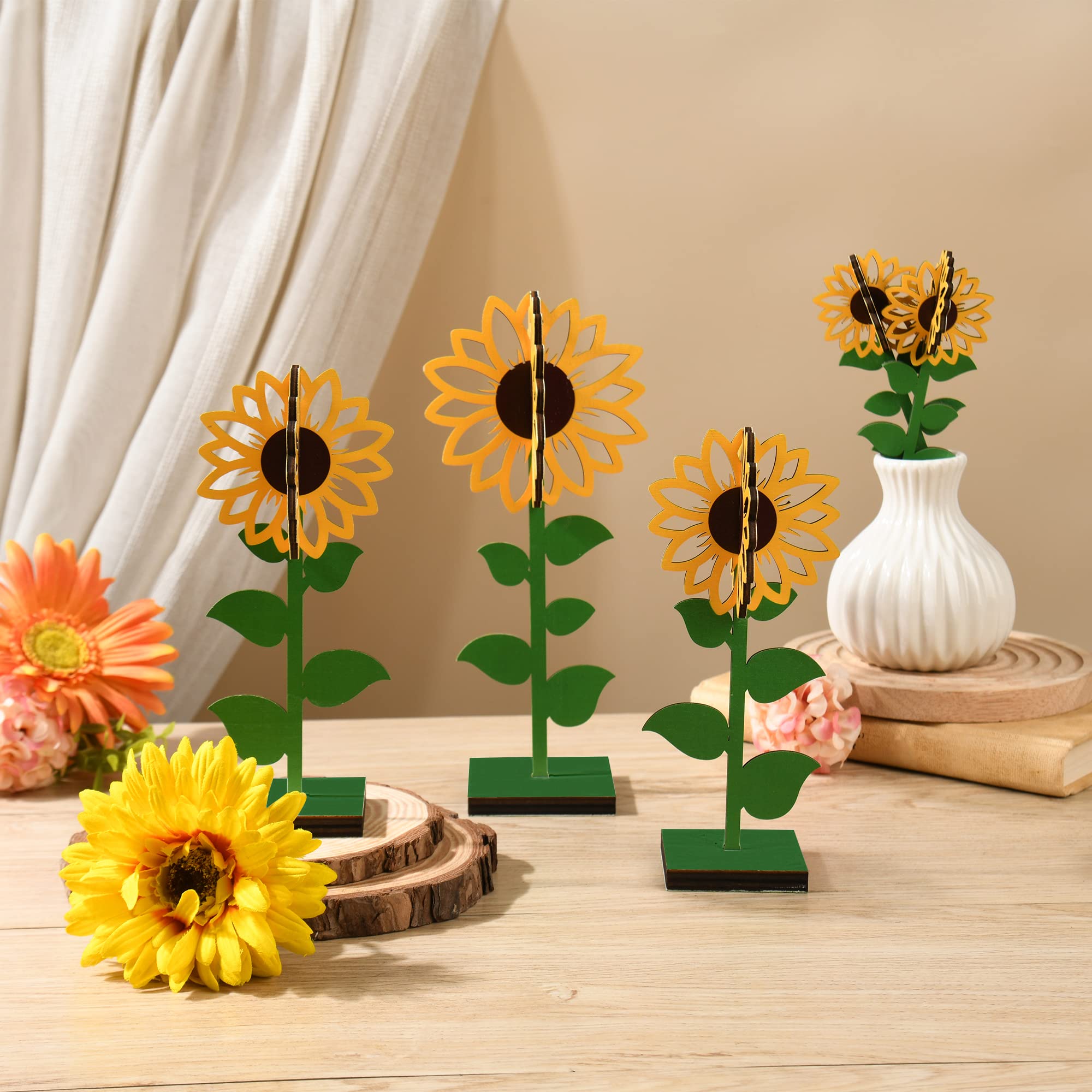 Photo 1 of AimFun 5 Pieces Sunflower Decor Sunflower Party Tabletop Centerpiece 3D Sun Flower Wooden Standing Sign Rustic Fall Decorative Sunflower Cutouts for Home Office Shelf Mantle Decor
