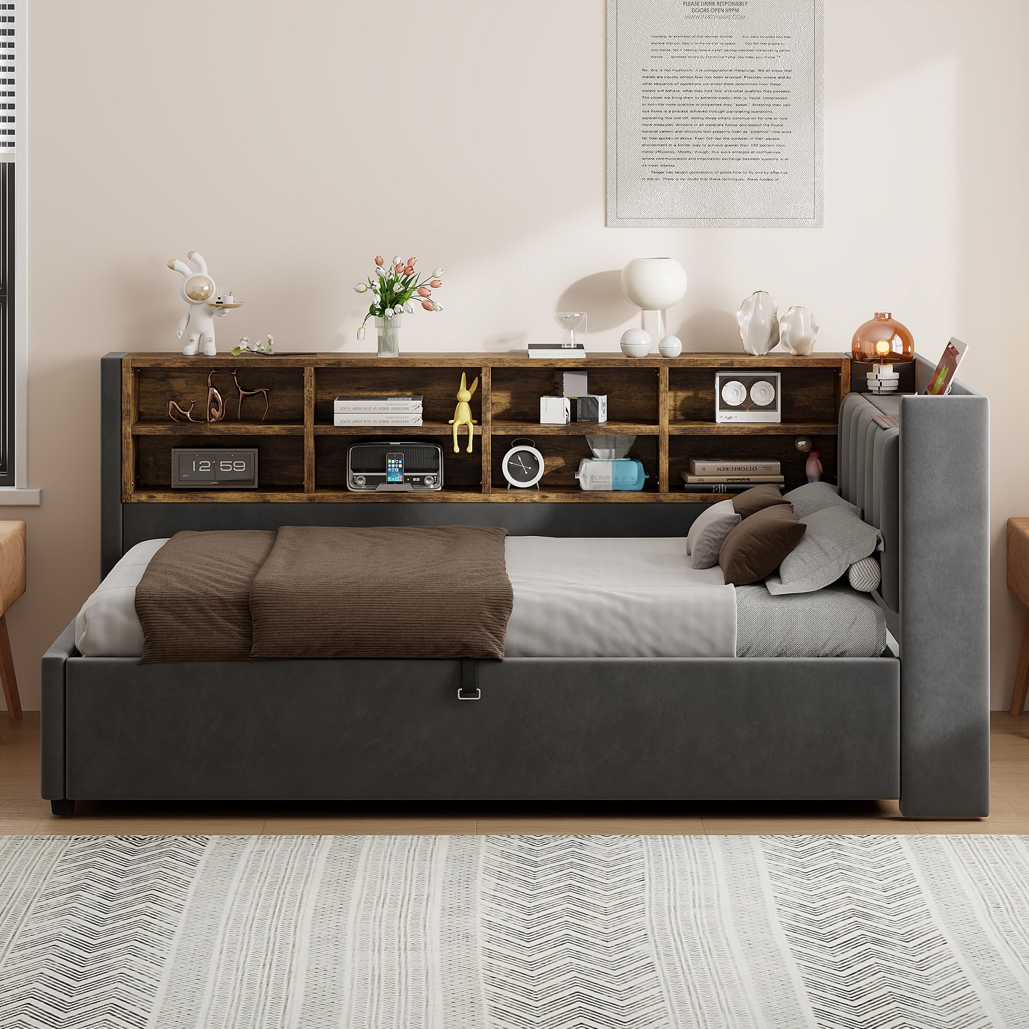 Divano letto 90 x 200 cm, letto imbottito con vano portaoggetti idraulico, con luce notturna, porta di ricarica USB e tipo C, con ripiani e scomparti, testiera imbottita, tessuto in velluto (grigio