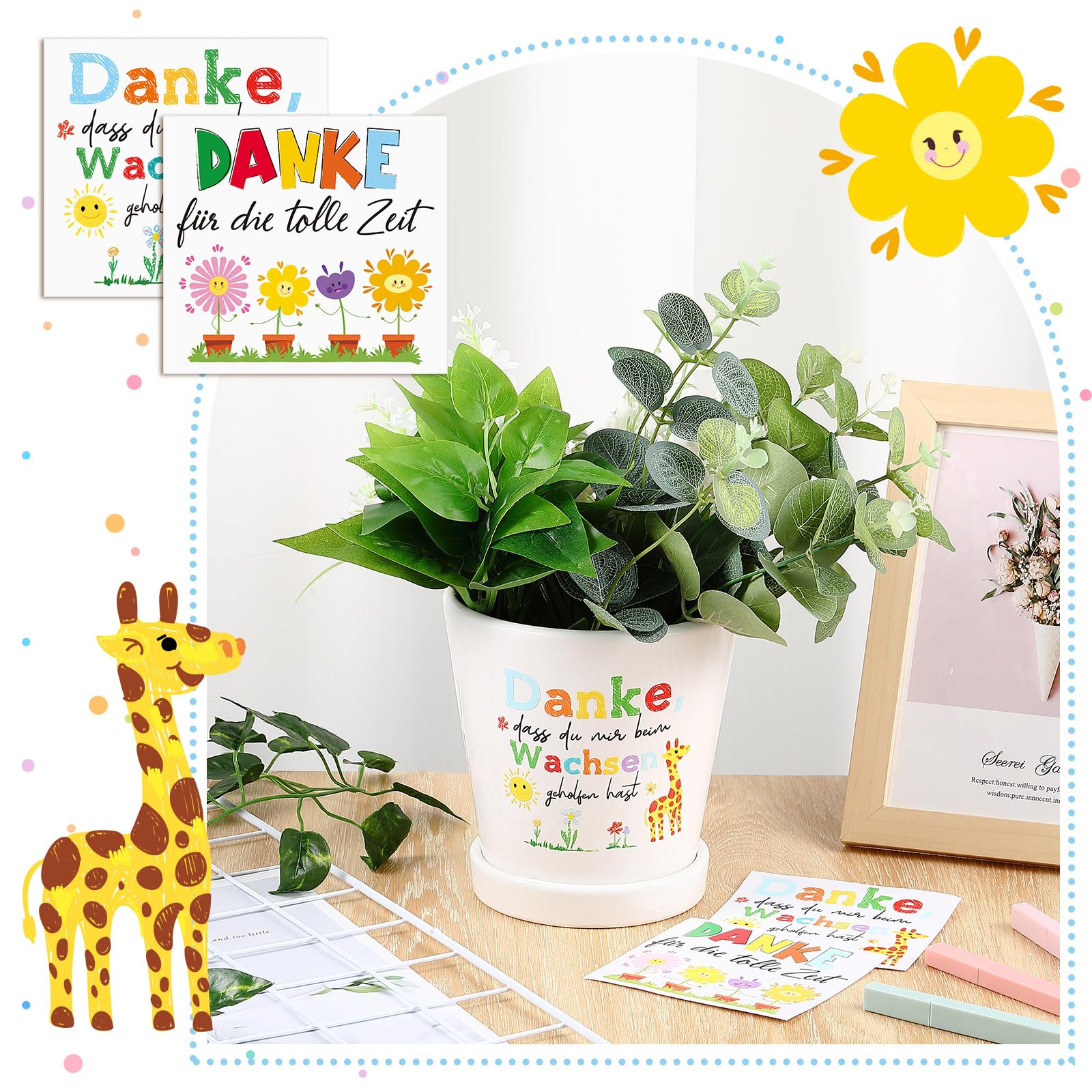 Faccito Blumentopf Aufkleber Set - 16x Dankeschön Aufkleber Für Erzieher Geschenke