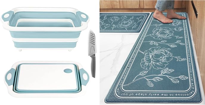 ROTTOGOON Collapsible Cutting Board Foldable Chopping Board with Colander and 17"x47"+17"x29" Cushioned Anti Fatigue Kitchen Mats Set of 2, 2 Item Bundle
