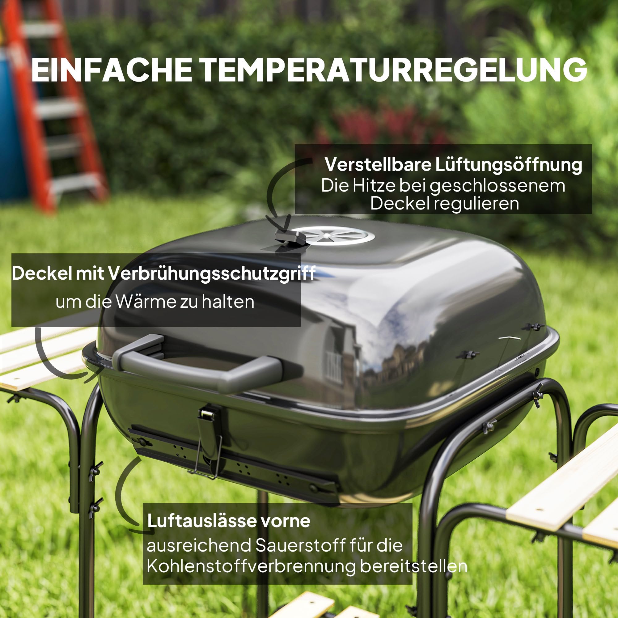 Outsunny Grill węglowy ze stali, przenośny grill z zamykaną pokrywą, rusztem, kółkami i drewnianymi półkami, grill ogrodowy BBQ, 98 x 54 x 91 cm, czarny