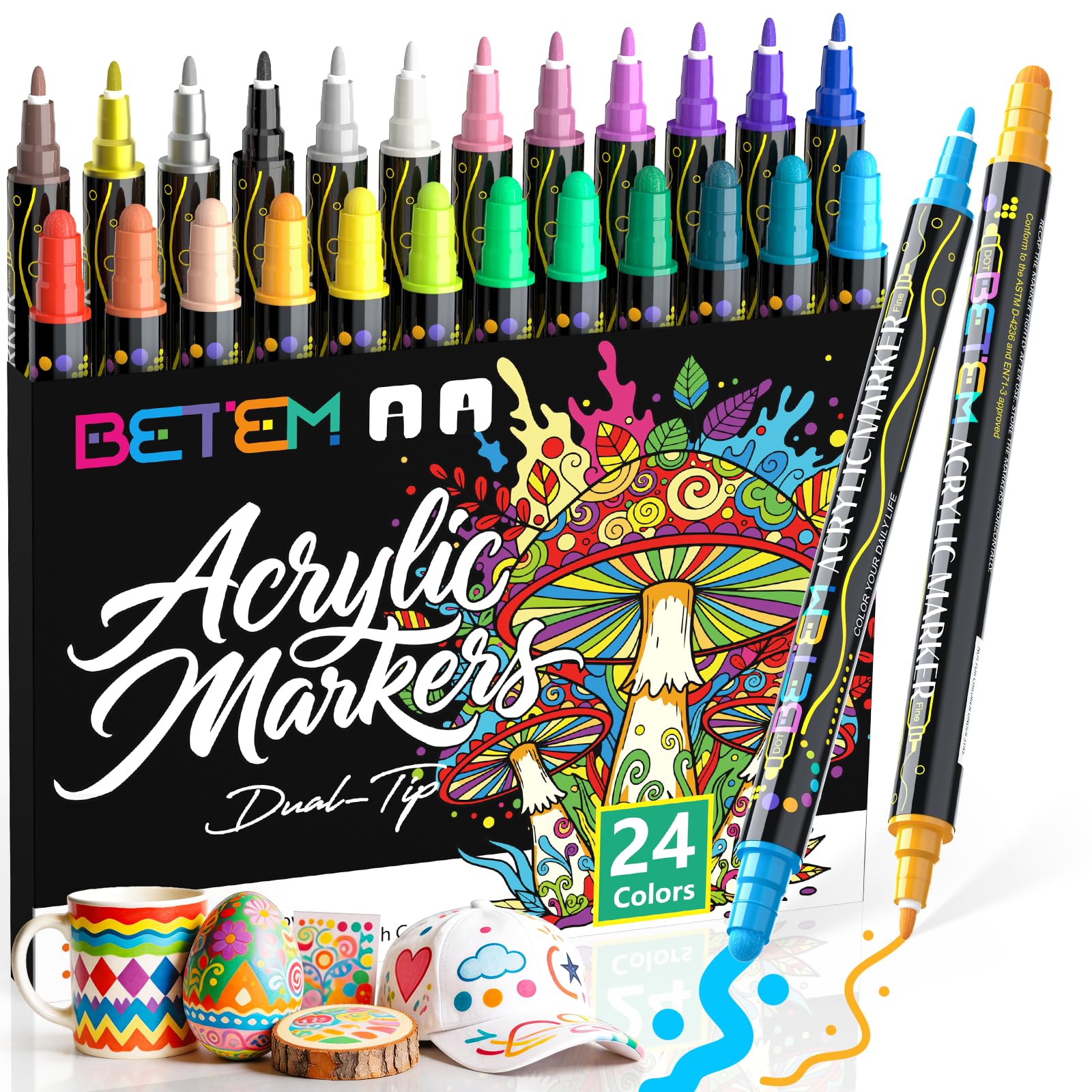 Betem 60 Farben Acrylstifte mit Doppelspitze, Hochwertige Acrylmarker für Stein, Holz, Leinwand, Felsmalerei, Glas, Keramik Wasserfest, Ostereier, Christmas Acrylstifte Set für Basteln Kunstbedarf