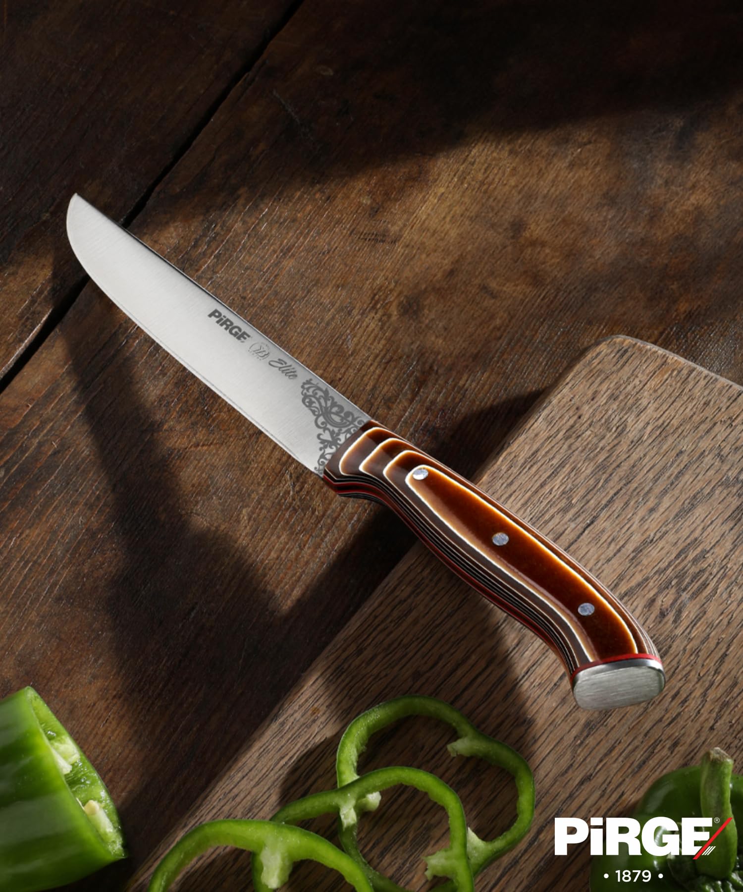 Pirge Elite - Juego de cuchillos de cocina con bloque de 7 piezas, acero inoxidable, madera compuesta, con bloque de madera de carpe, 56 HRC, acero inoxidable alemán con alto contenido de carbono, DIN