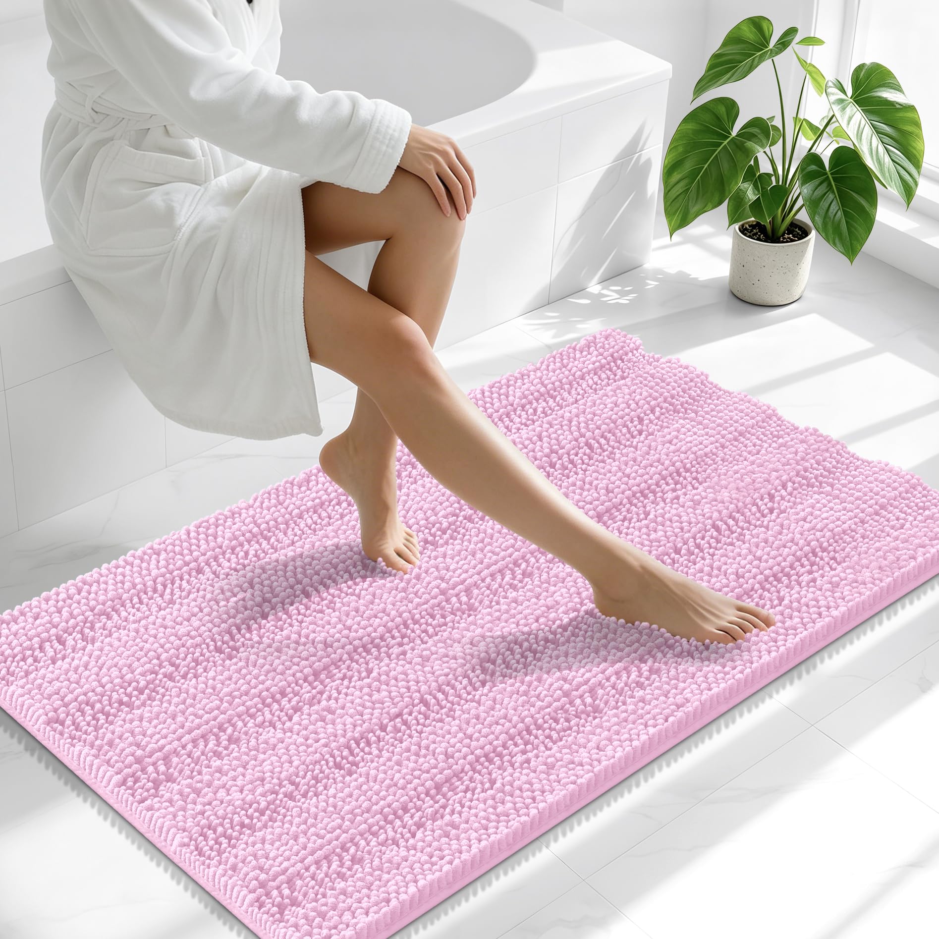 Smiry Thick Chenille Bathroom Runner Rugs 44x24, Absorbent Bath Mat, Pink