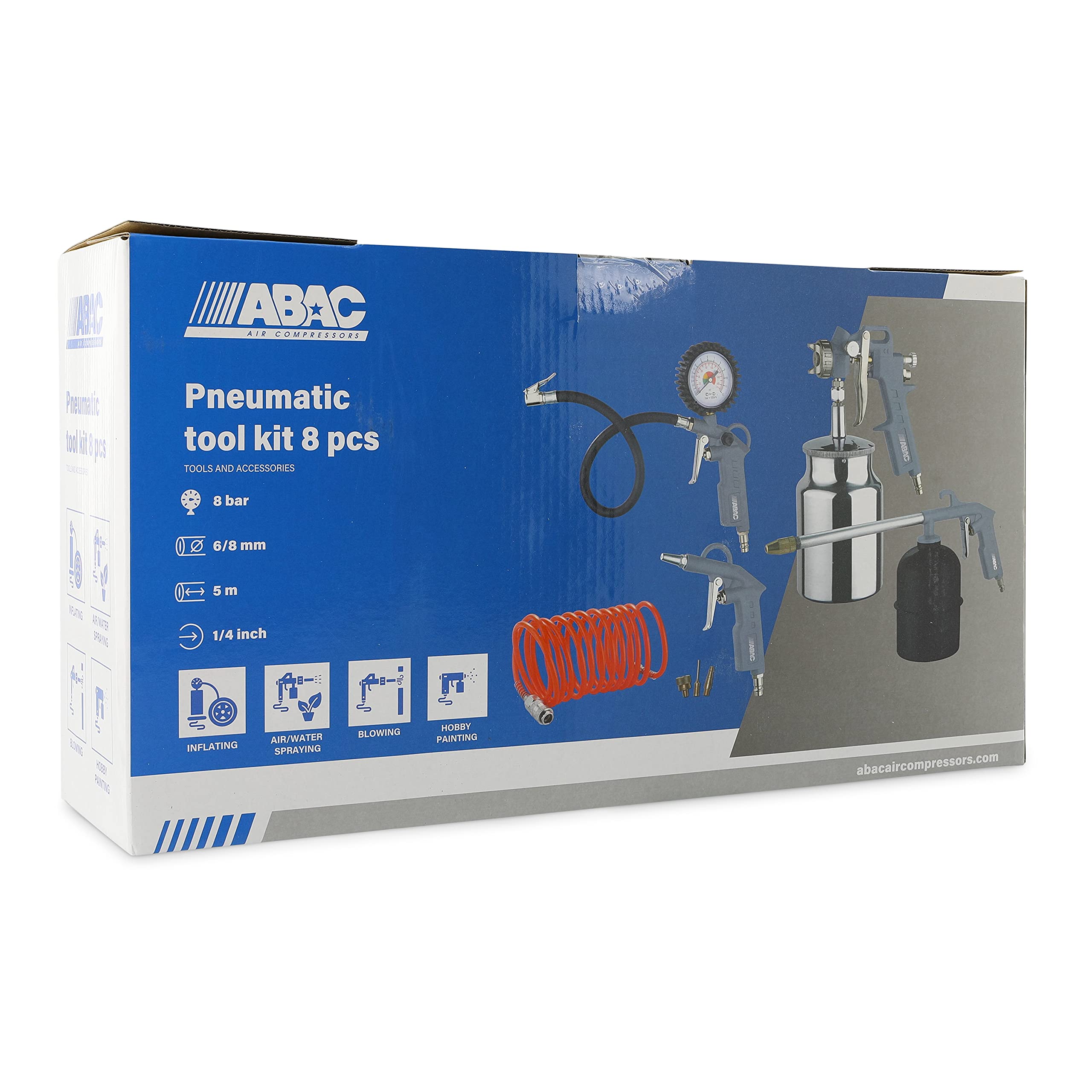 ABAC Kit Accessori per Compressore 8 Pezzi G-810AL, Inclusi Gonfiagomme con Manometro, Pistola di Soffiaggio, Pistola a Spruzzo per Vernice 1L, Pistola di Lavaggio 0.9L, Tubo a Spirale 5 m
