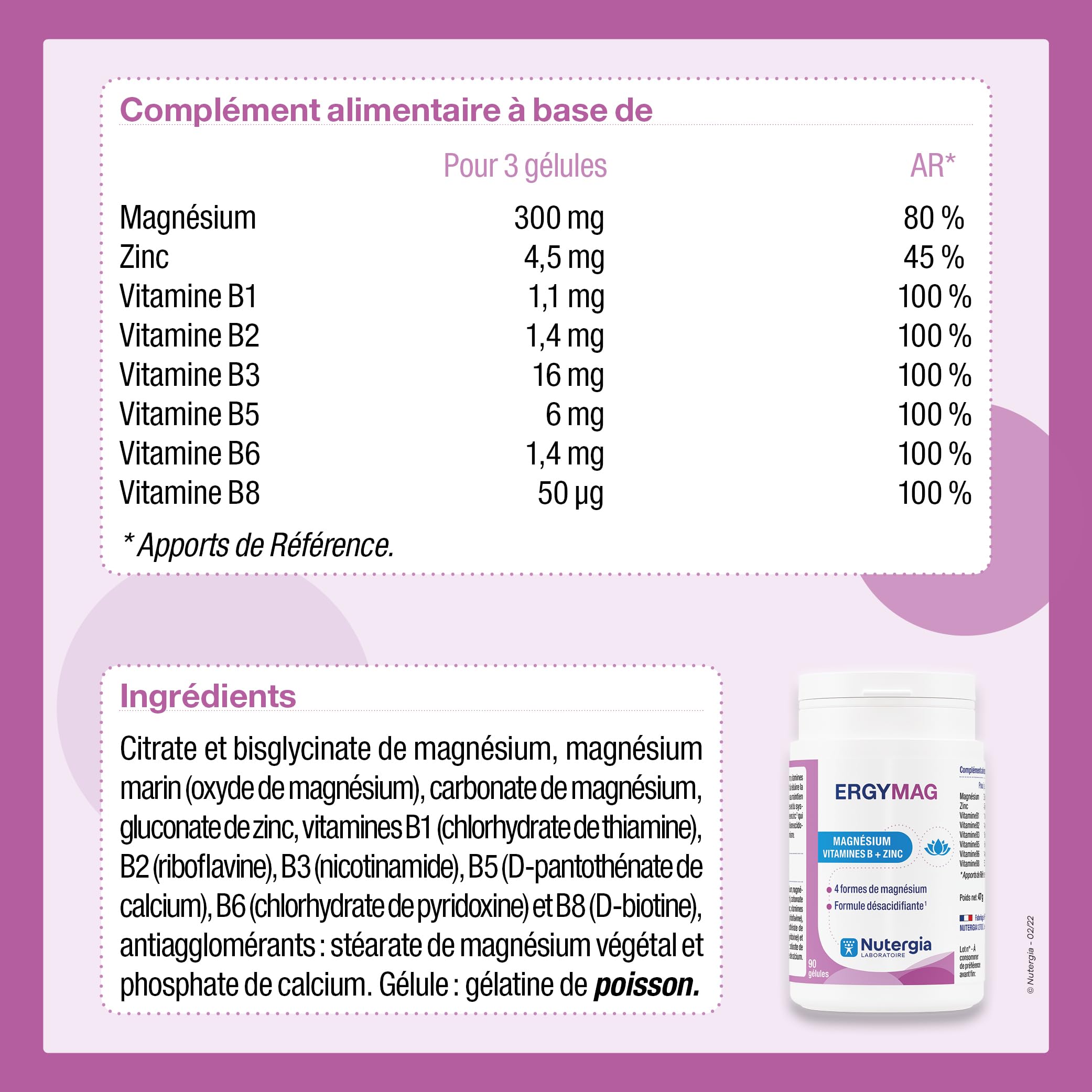 Nutergia – Magnésium, vitamines B et Zinc – Fatigue physique – 4 Sels de magnésium – formule désacidifiante – Complément alimentaire – 90 Gélules – Fabrication Française