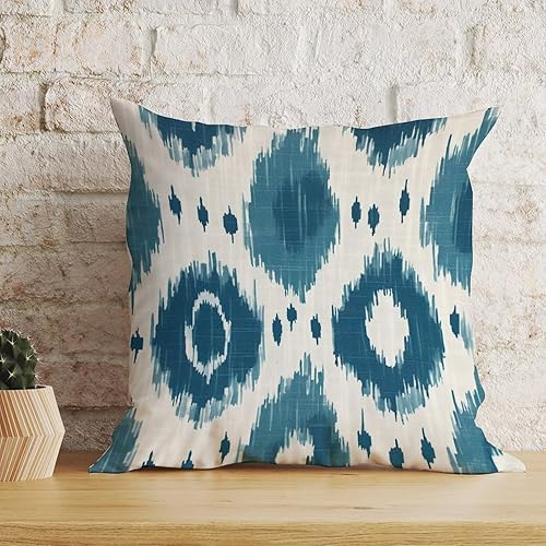 Miniatura 5 de Funda de almohada antigua de lino blanco con diseño de Ikat en azul oscuro, color azul y aguamarina, Ikat Bujara, fundas de cojín de lino blanco, a