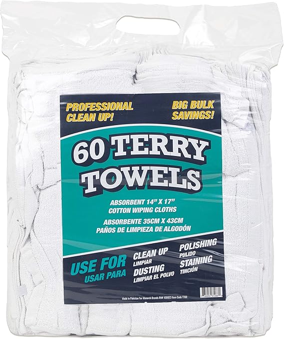 Arkwright TT60 Terry Cloth Towels for Cleaning - (Pack of 60) 100% Cotton Washable Heavy Duty Bar Mop