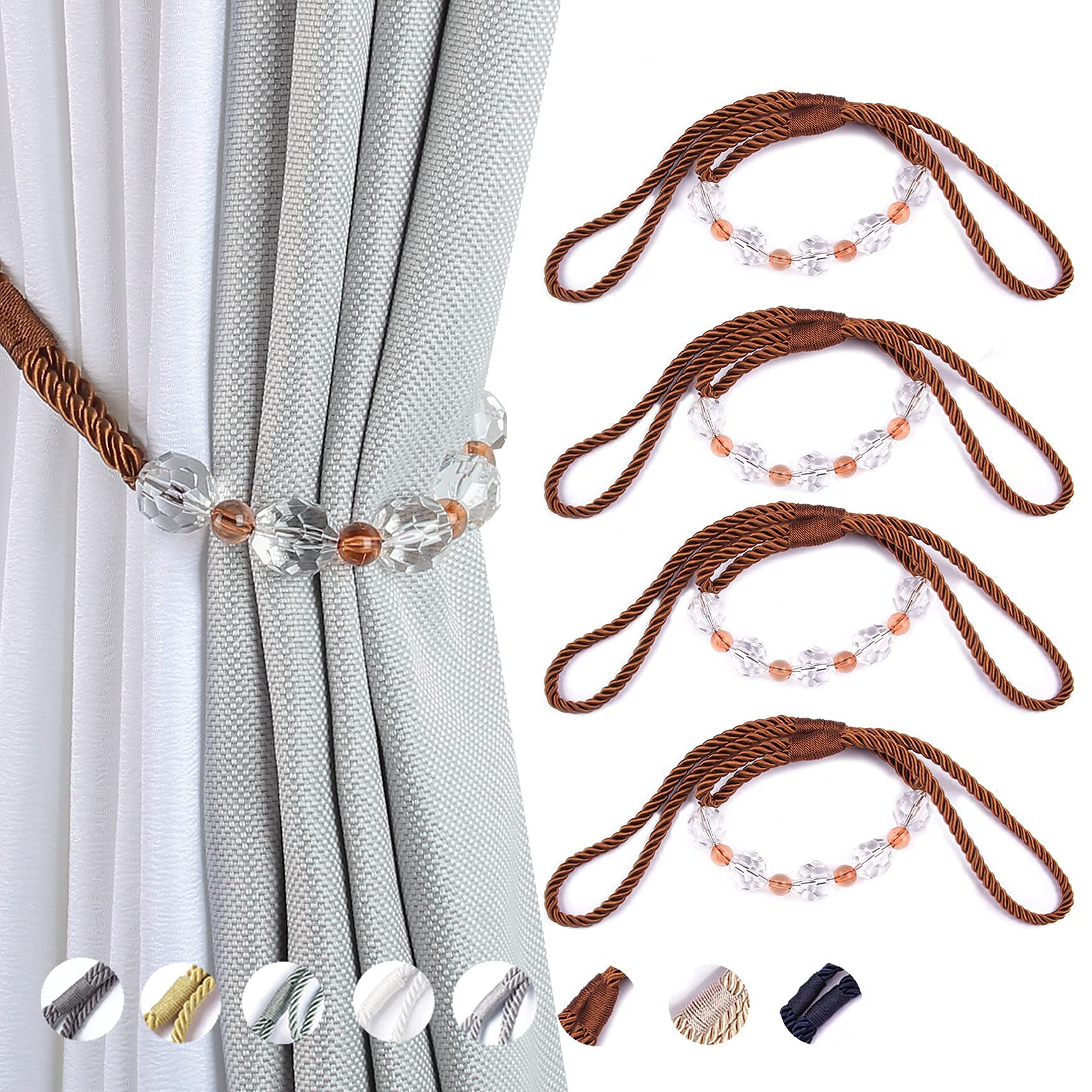 Tassel Curtain Tiebacks， Curtain Tiebacks 4 Pack Multicolor 31. inches Braided Rope With Crystal Beads(Bruin)