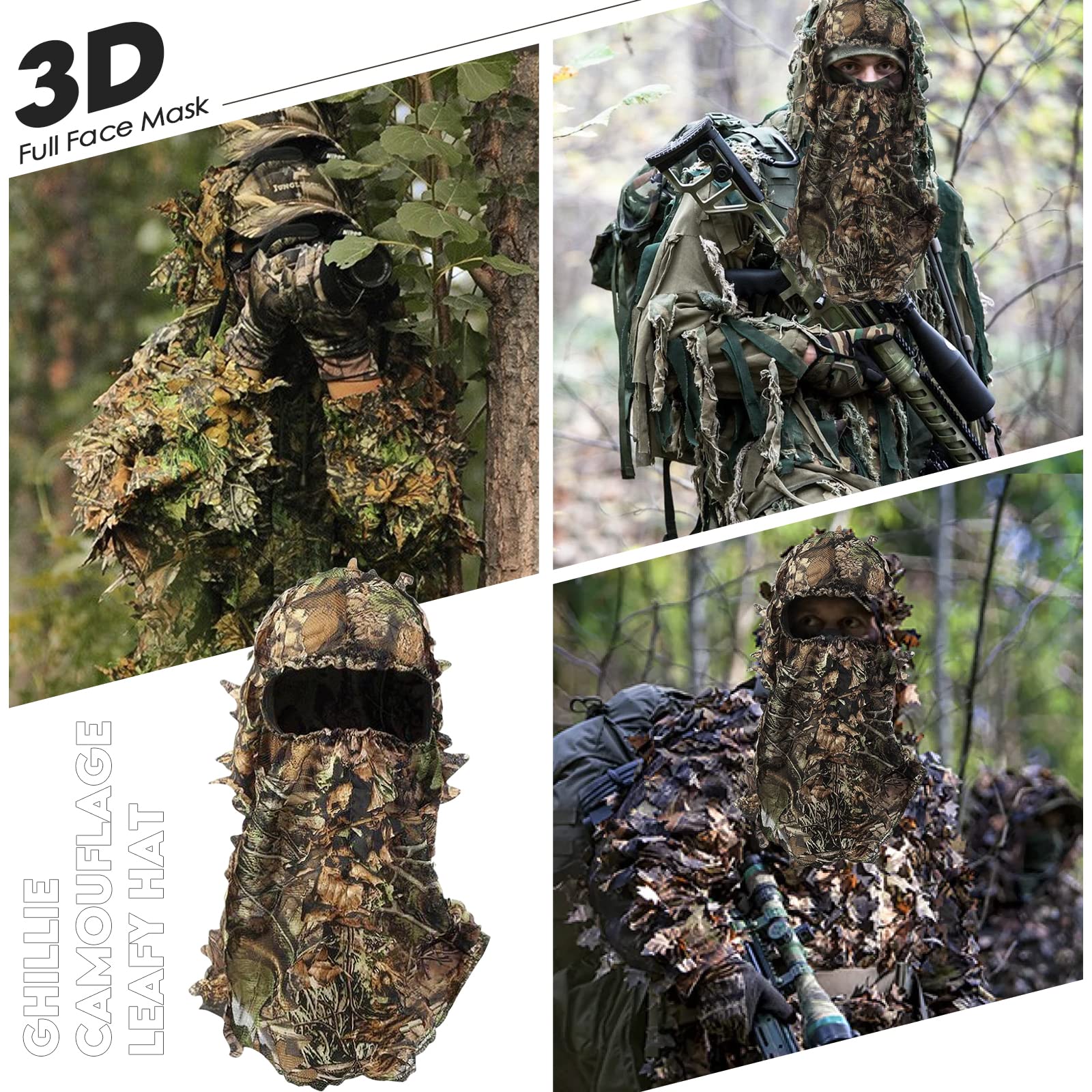 3D Hojas Camuflaje Caps, Pasamontañas Sombrero y Máscara para Caza Exterior