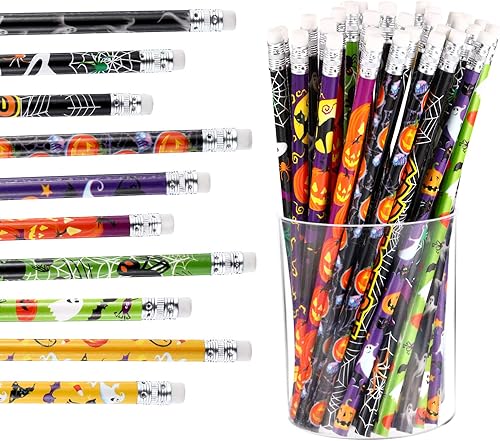 Outus 50 lápices de Halloween a granel para niños con borradores, fantasma, calabaza, gato negro, araña, patrones surtidos de madera, lápices de