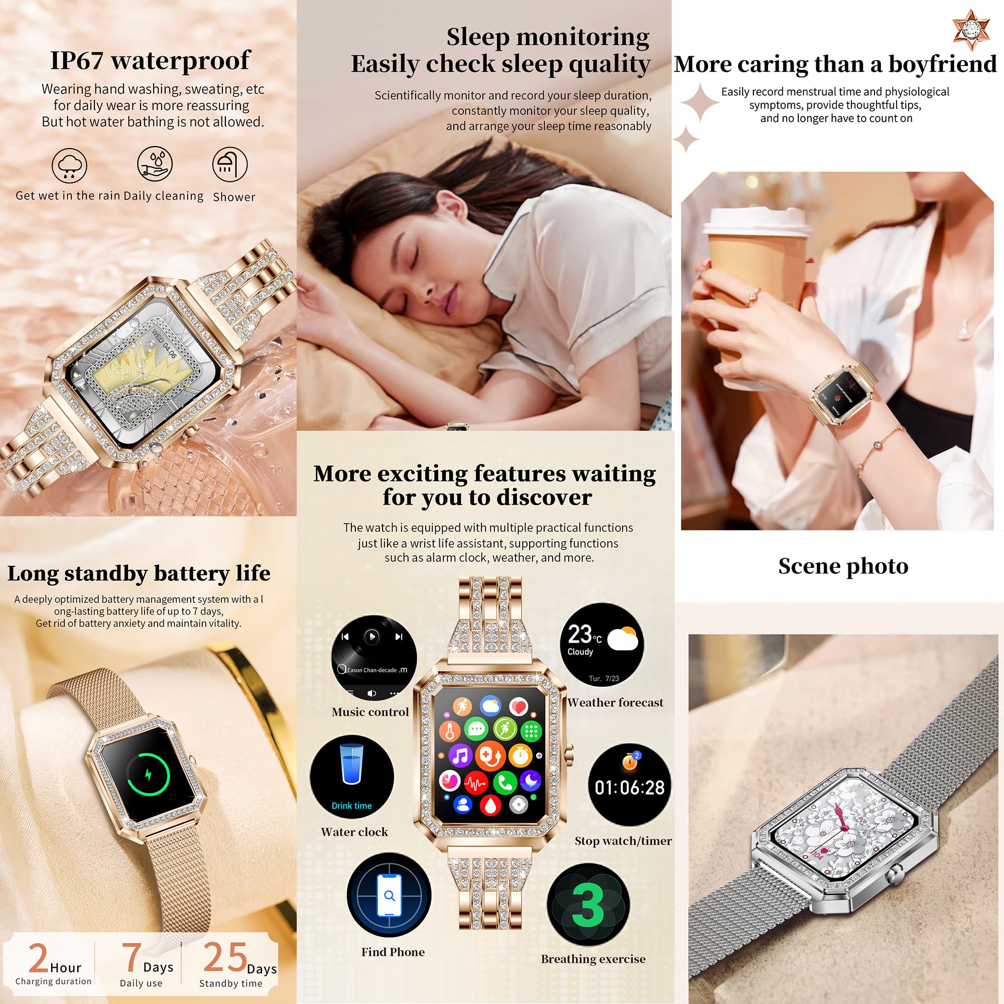 Smartwatch Donna Chiamata Bluetooth e Risposta Vivavoce, Smart Watch con Diamond Contapassi Cardiofrequenzimetro 123 Modalità Sport Orologio Fitness Tracker per Android iOS (Argento)