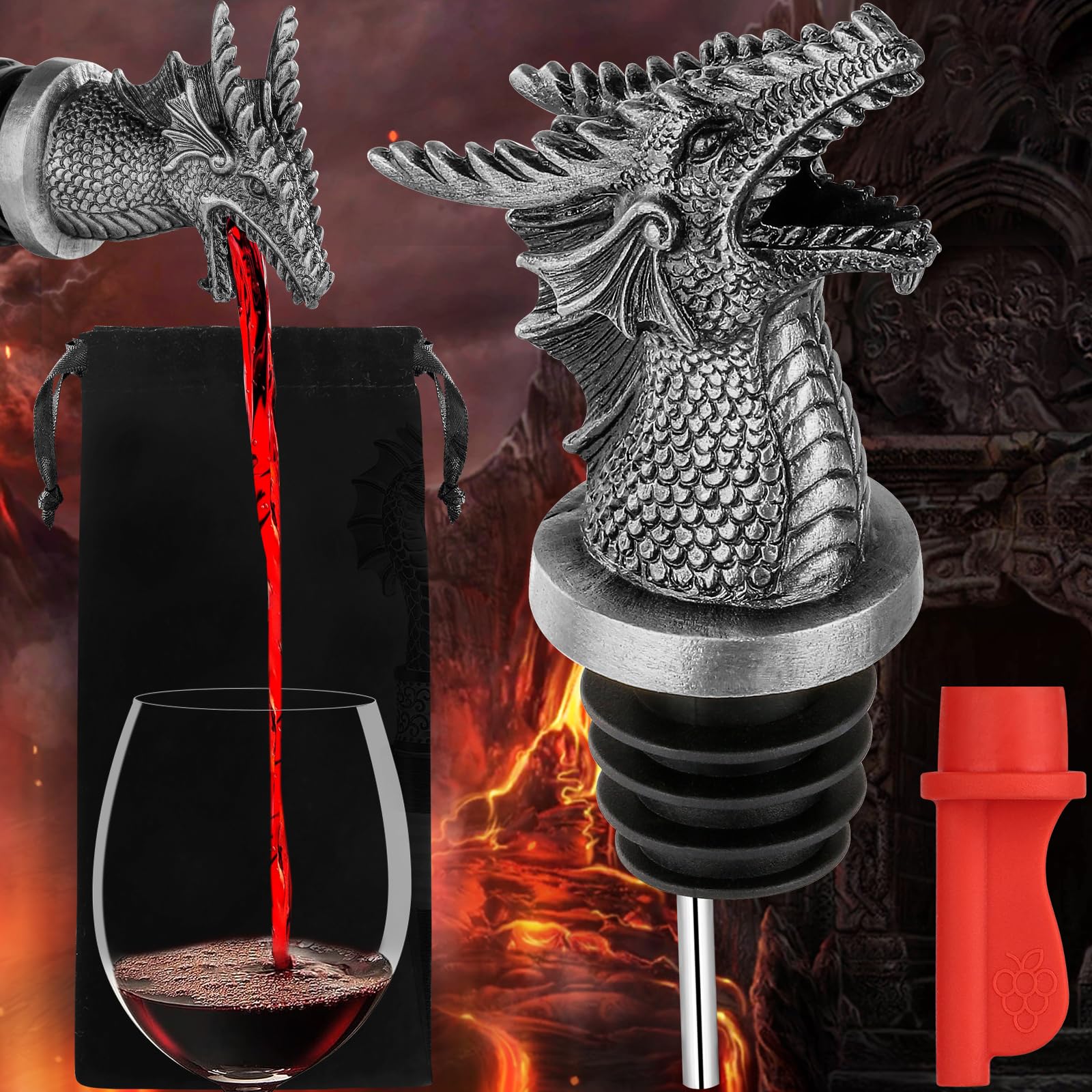 Dragon Head - Vertedor de licor con boquilla para bebidas alcohólicas, regalos de dragón 2 en 1, vertedor de botella de vino y tapón para hombres y mujeres, accesorios de vino, regalos 4