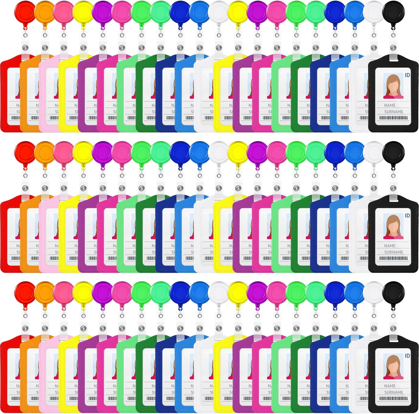 60 Sets Retractable Badge Reels, PU Leather Name Badge Holder, Multicolor ID Holder Key Card Holder Vertical ID Badge with Reel Clip for Office Business Worker Teachers Students Nurses Doctor