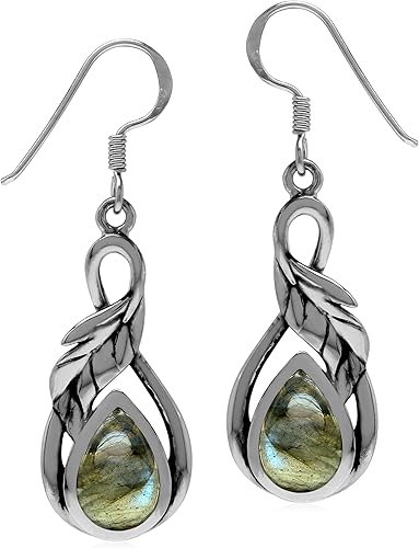 Silvershake Genuine or Created Cabochon Stones Inlay 925 Sterling Silver Leaf Drop Dangle Hook Earrings Jewelry for Women