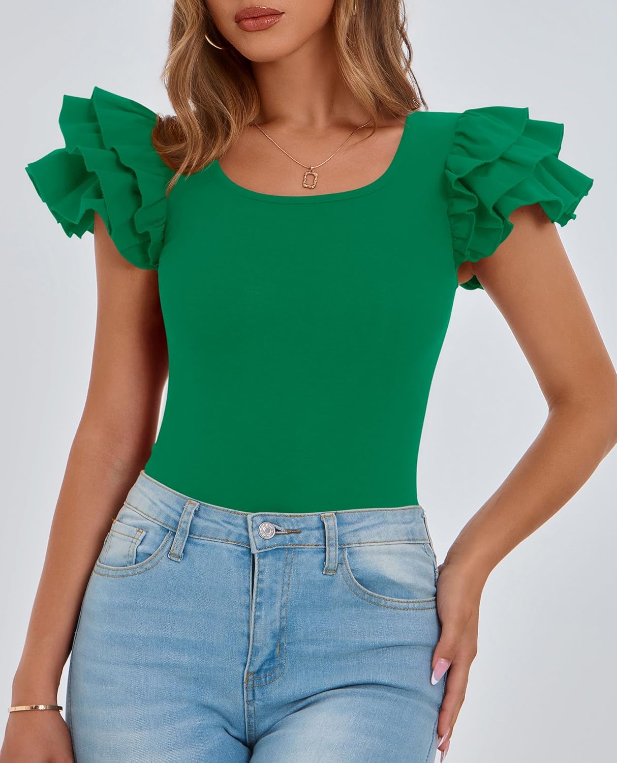 PRETTYGARDEN Women's Ruffle Short Sleeve Shirts 2026 Summer Casual Basic Tee Cute Fitted Crew Neck Fashion Tops Clothes - Image 4