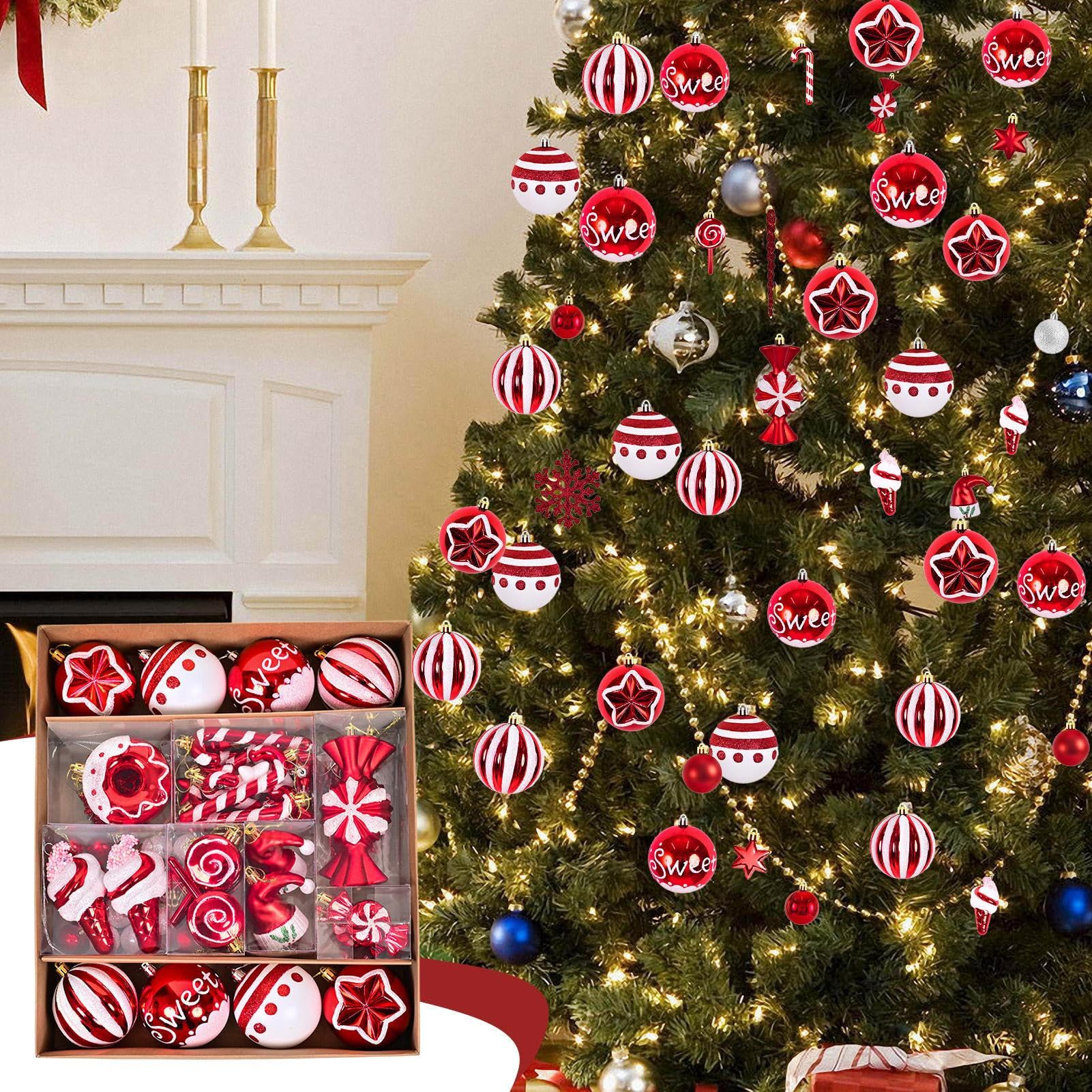 Christbaumkugeln, 78 Stück, rot und weiß, bruchsicher, Weihnachtsdekoration, bruchfest, für Wand, Wohnzimmer, Innen- und Außenbereich, Regal, Küche, Urlaub, Winter