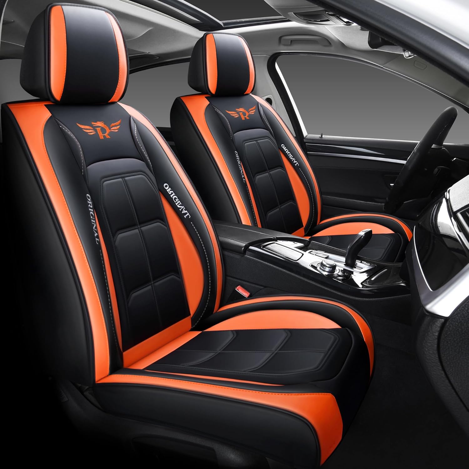 Universal Fit Car Seat Covers Full Set, Leather Automotive Seat Protectors for 5 Seats, Airbag Compatible, Premium Quality Seat Cover Accessories (Black-Orange)
