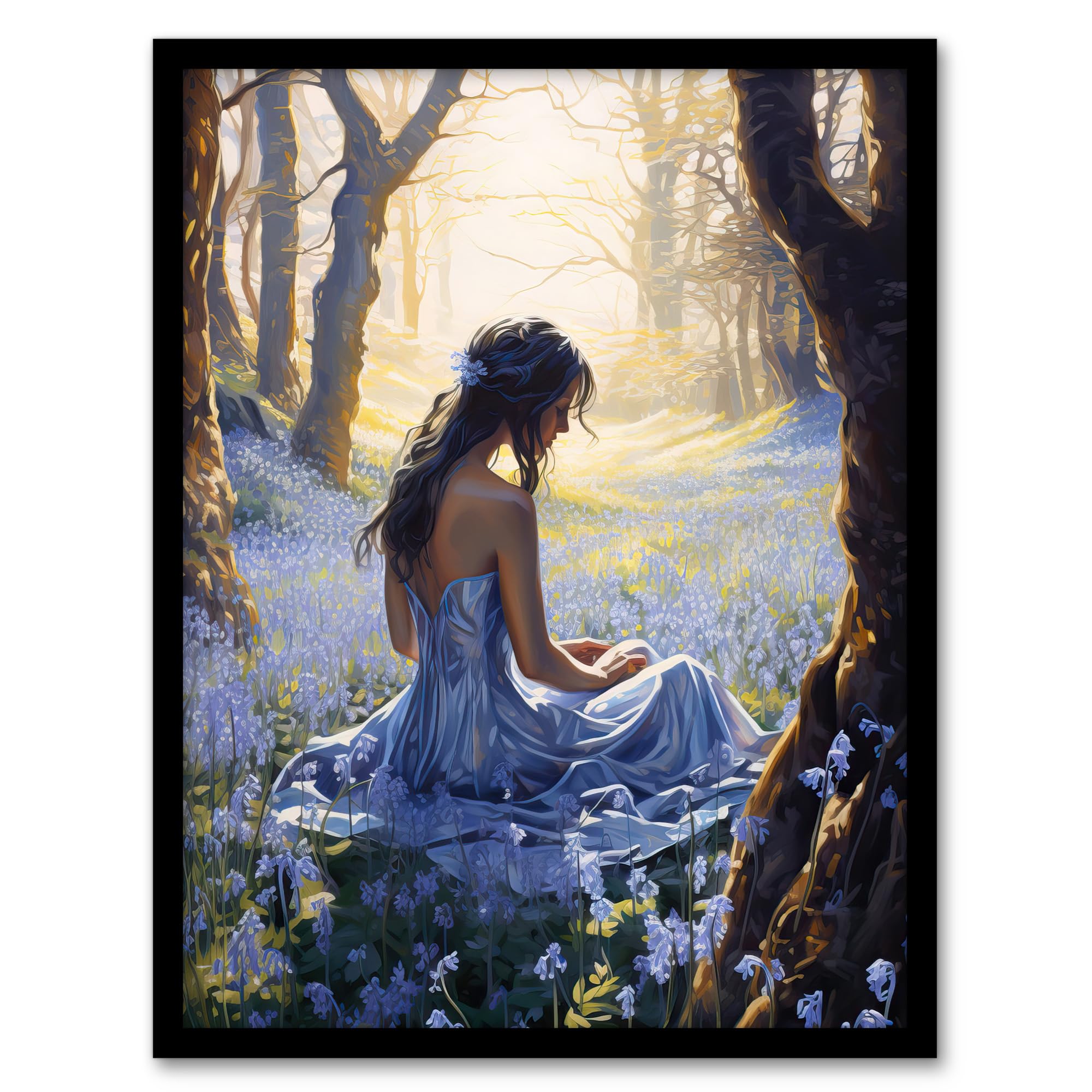 Artery8 Blue Belle In Bluebell Wood Girl In Floral Forest Landscape Artwork Framed Wall Art Print 18X24 Inch