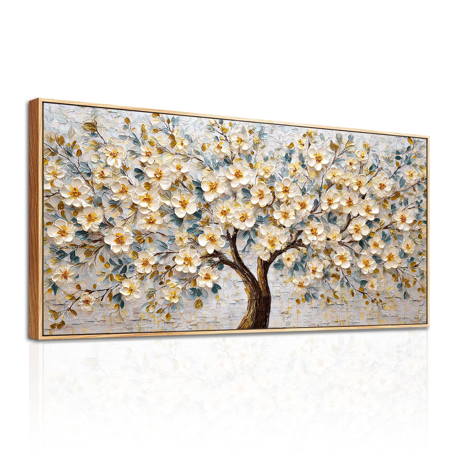 SERIMINO Natürliche Wandbild mit Rahmen Baum des Lebens Bilder 73x146 cm | Weissgoldene Blüten Wanddeko, Hochauflösender Druck, Leinwand Holzrahmen, Einfache Montage, Als Geschenk Geeignet