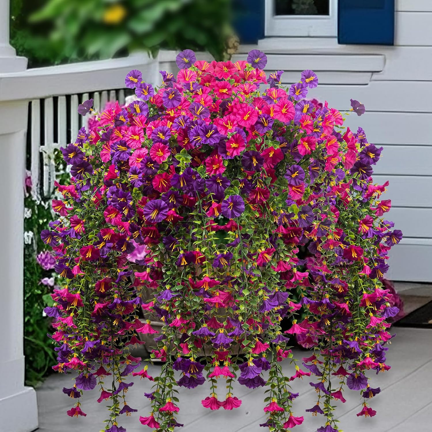 Lcuasc 2Pcs Outdoor Faux Hanging Flowers Artificial Morning Glory with Eucalyptus Leaves UV Resistant Look Real Fake Plants for Outside Planter Porch Patio Balcony Yard Decor (Purple & Fuchsia)