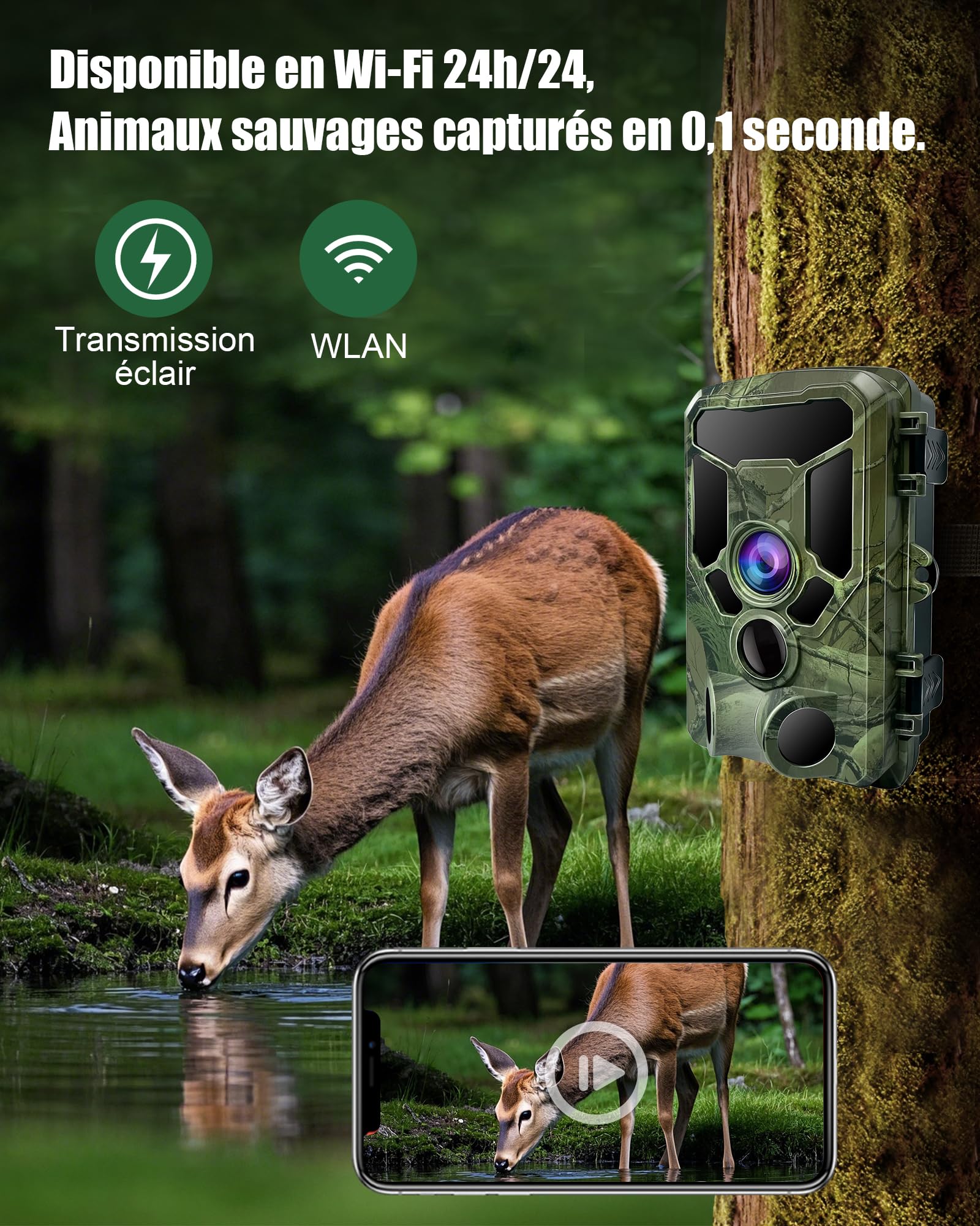 HAZA Caméra de Chasse WiFi 4K, Piège Photo Vision Nocturne, IP66 Animaux | Connectée Téléphone Bluetooth, Détection 0,1s, Angle 120°, Infrarouge 940nm, Carte SD 32Go, Extérieur