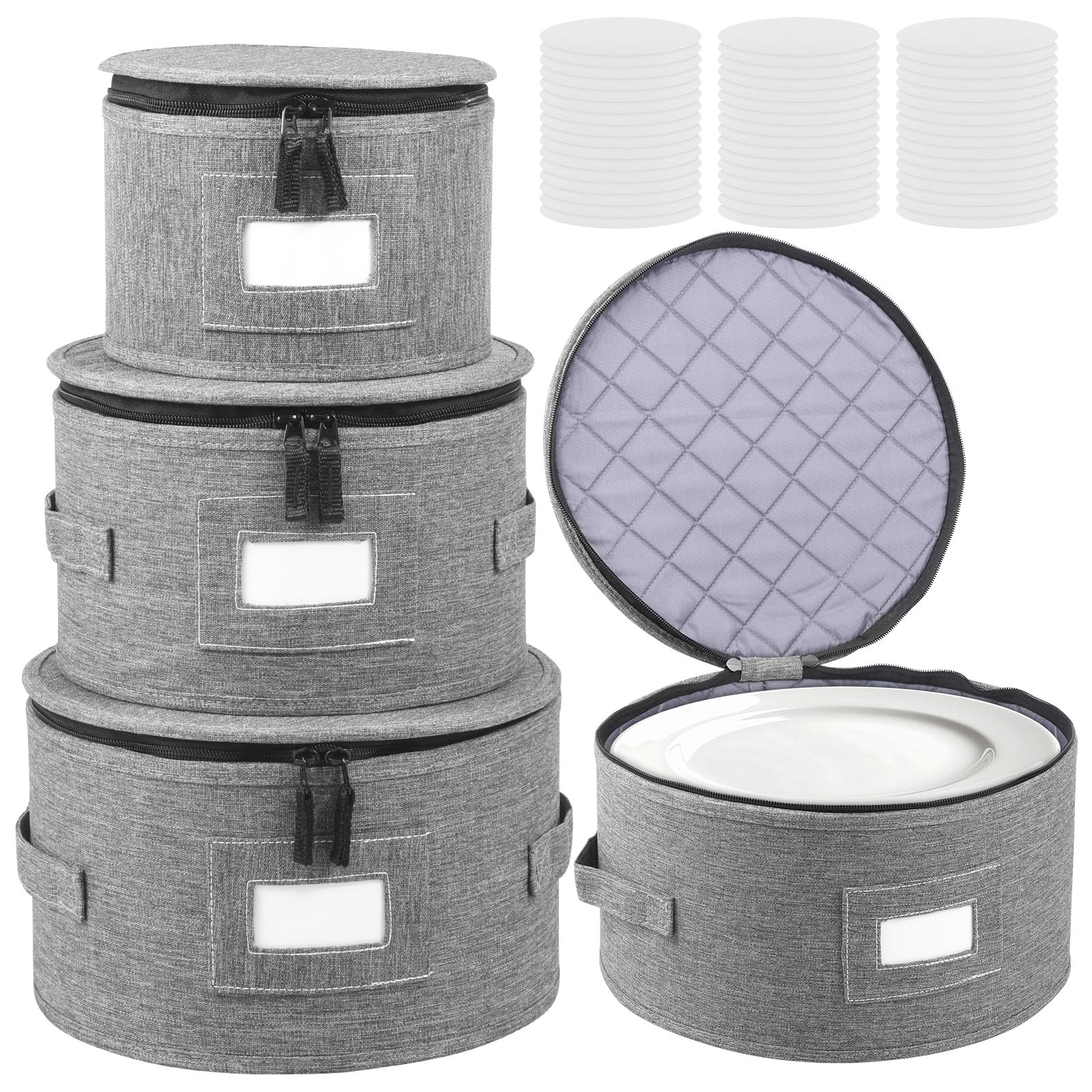 Zhjiutak Grey Dish Storage Containers,Plate Carrier Set,4Pcs China Storage Container With Lid 18.5/23/25/30Cm Felt Plate Dish Holder With 48 Dividers Camping Dinnerware Organiser (Dishs Not Included)
