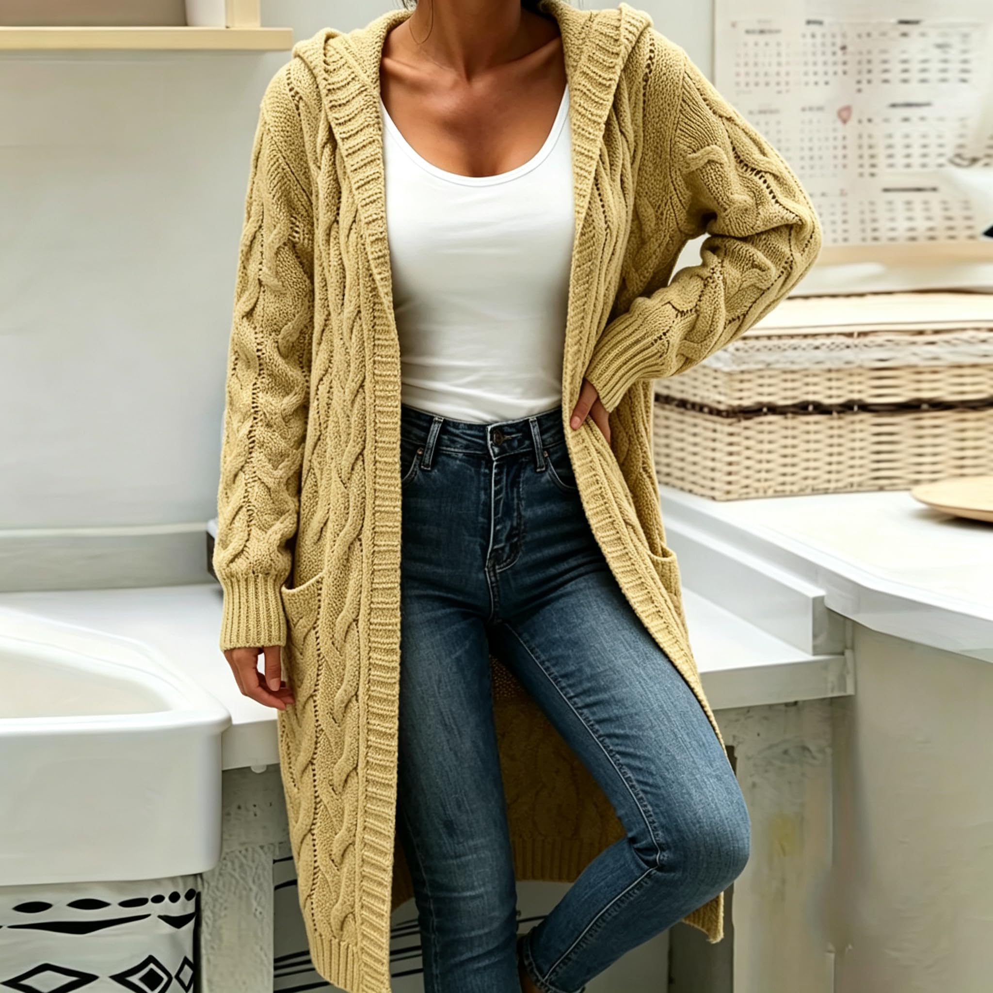 Gilet Long À Capuche pour Femme avec Poches en Grosse Maille Manches Longues Élégant Idéal pour L'Automne et l'hiver Veste Décontractée pour Tous Les Jours Jaune Taille 5XL