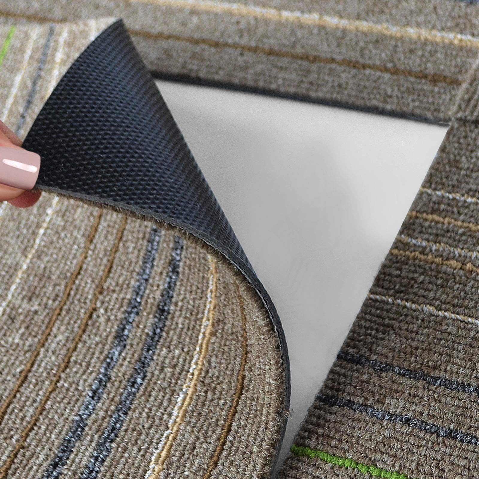 6 m² Teppichfliesen selbstliegend Warschau für Büro & Gewerbe - gestreifte Fliesen Teppiche je 50x50 cm - robuster Teppichboden - Bodenfliesen mit rutschfestem Vinyl-Rücken (Beige-grün, 24 Stück)