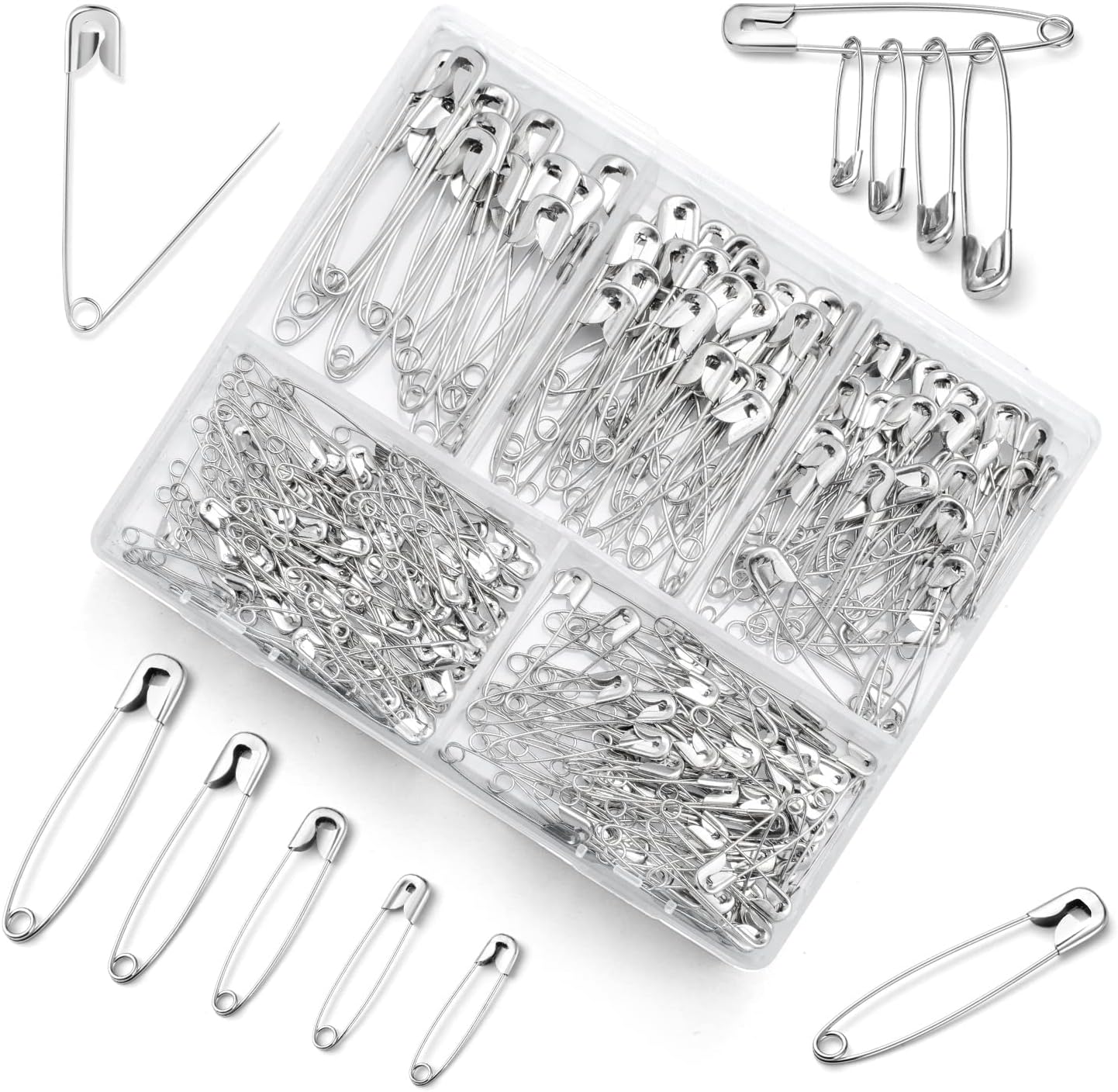 Crafare 280 Pack 1-2.2 inch Safety Pins Assorted Size Rust-Resistant Nickel Plated Steel Sharp Edge for Clothes, Sewing, Arts Crafts