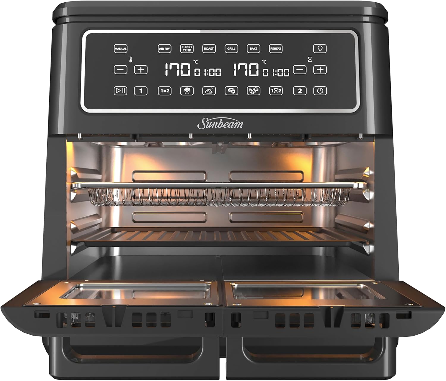 Sunbeam Multi Zone Air Fryer Oven with dimensions labeled: 36cm, 39cm, 36.7cm