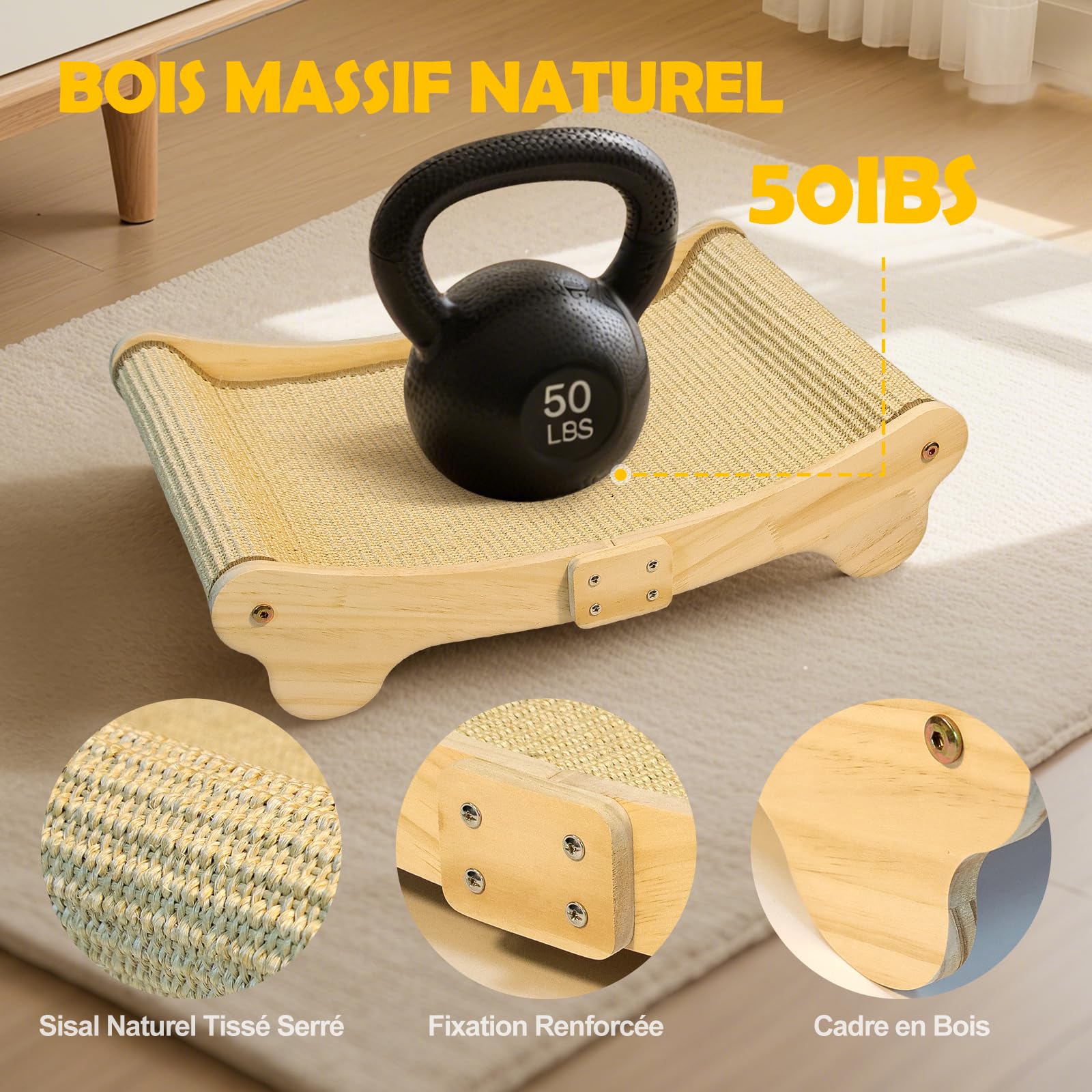 DONWEI Griffoir pour Chat Sisal, Grattoir Chat Lit, Design Incurvé à 160°, Tapis à Gratter Horizontal, Très Grand 60 x 37 x 14 cm, pour Tous Les Chats Détente