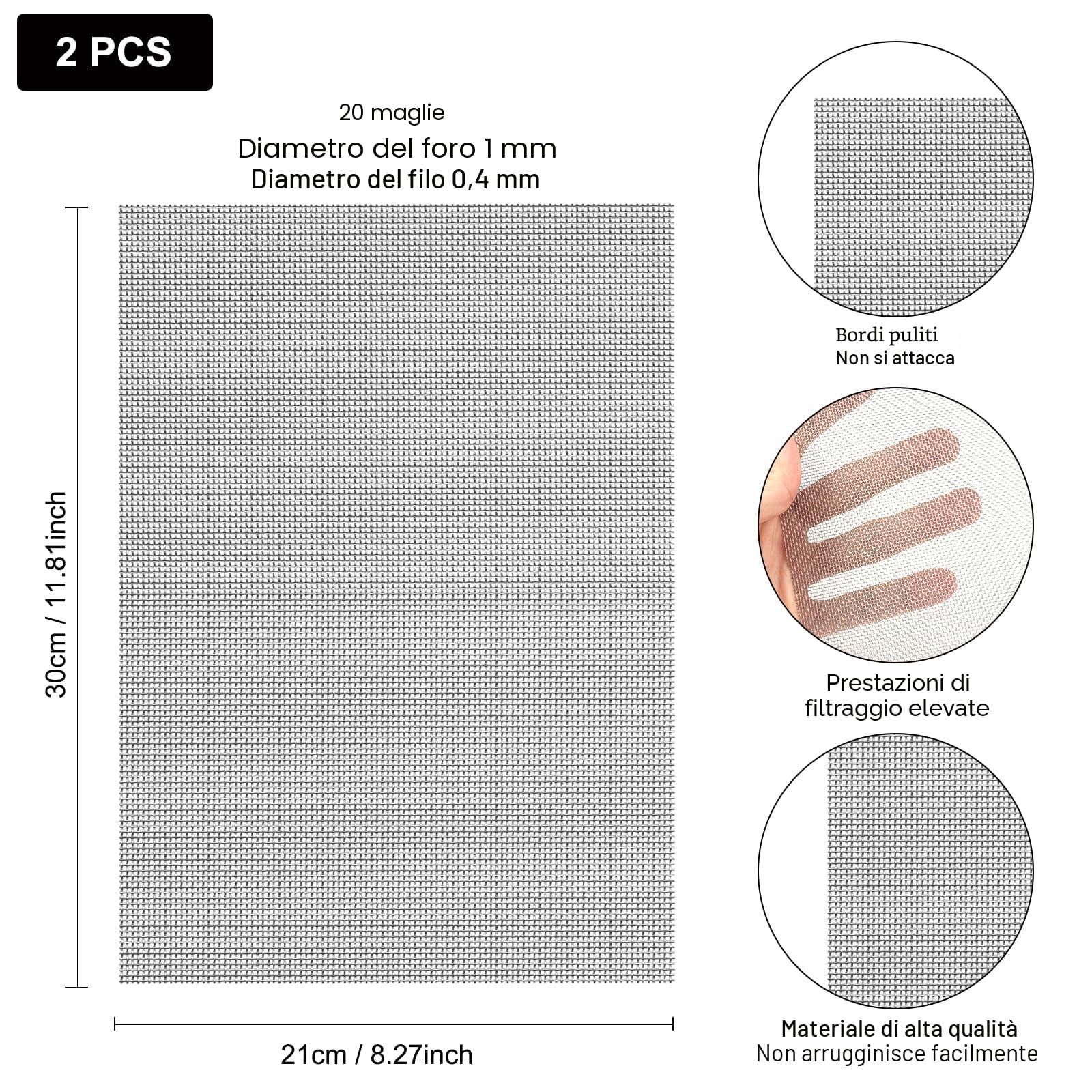 2 Pezzi Rete Metallica Maglia Piccola, 30 X 21cm Rete Acciaio Inox Metallica In Acciaio 1mm Fori 20 Della Maglia 304 Foglio Filtro Filtrante,per Ventilazione, Sicurezza, Finestra, Giardino