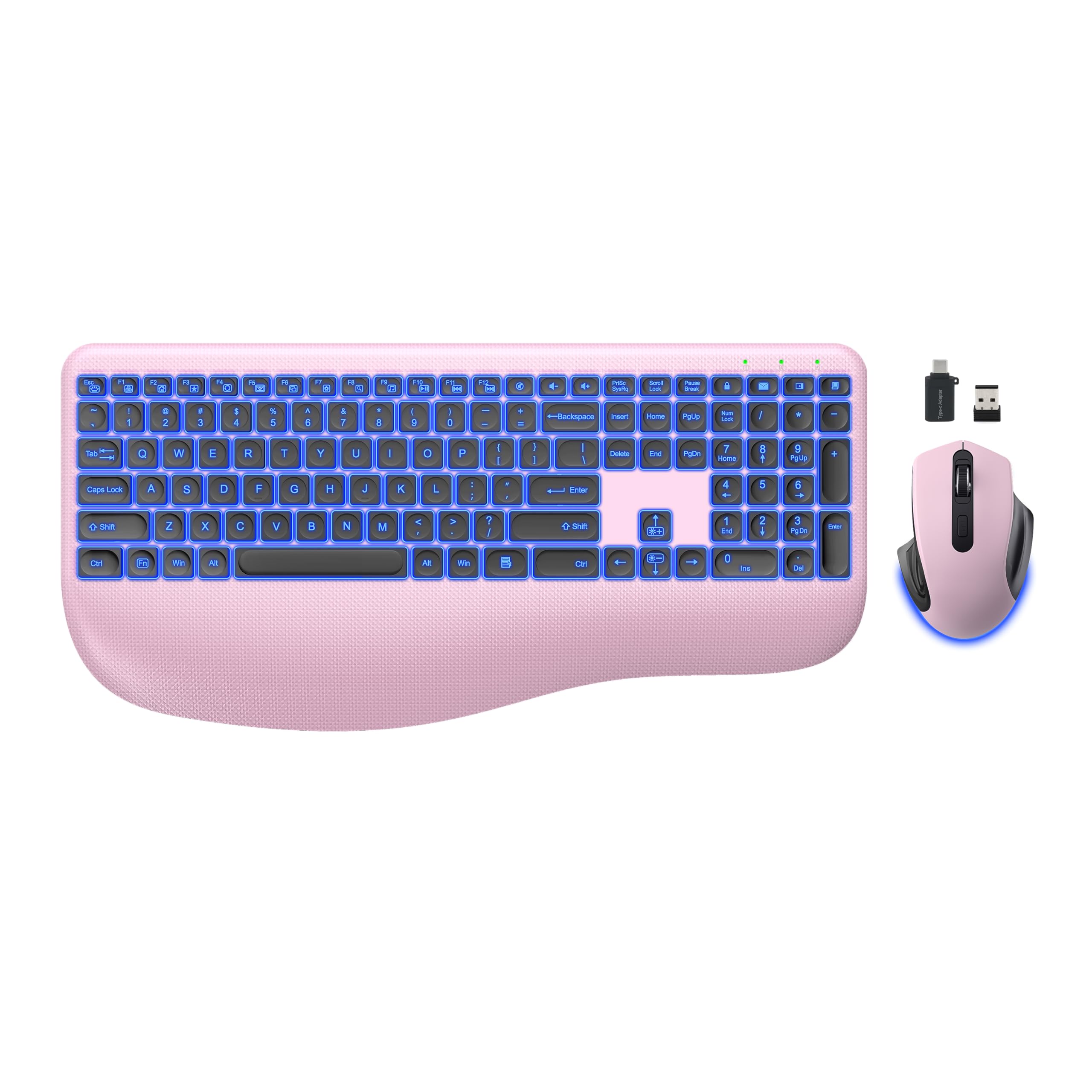 Wireless Keyboard and Mouse Combo, 7 Backlit Effects, Rechargeable, Wrist Rest, 2.4G Lag-Free Ergonomic Wireless Keyboard and 3 DPI Adjustable Wireless Mouse for Windows, Mac Desktop/Laptop/PC?Pink?