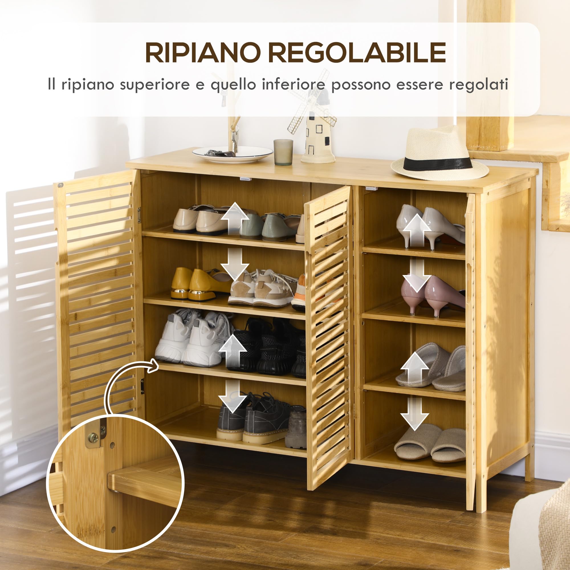 HOMCOM Scarpiera a 8 Ripiani su 3 Livelli con Maniglie, Mobile Scarpiera in Bambù per Soggiorno e Ingresso, 100x35x80 cm, Colore Legno