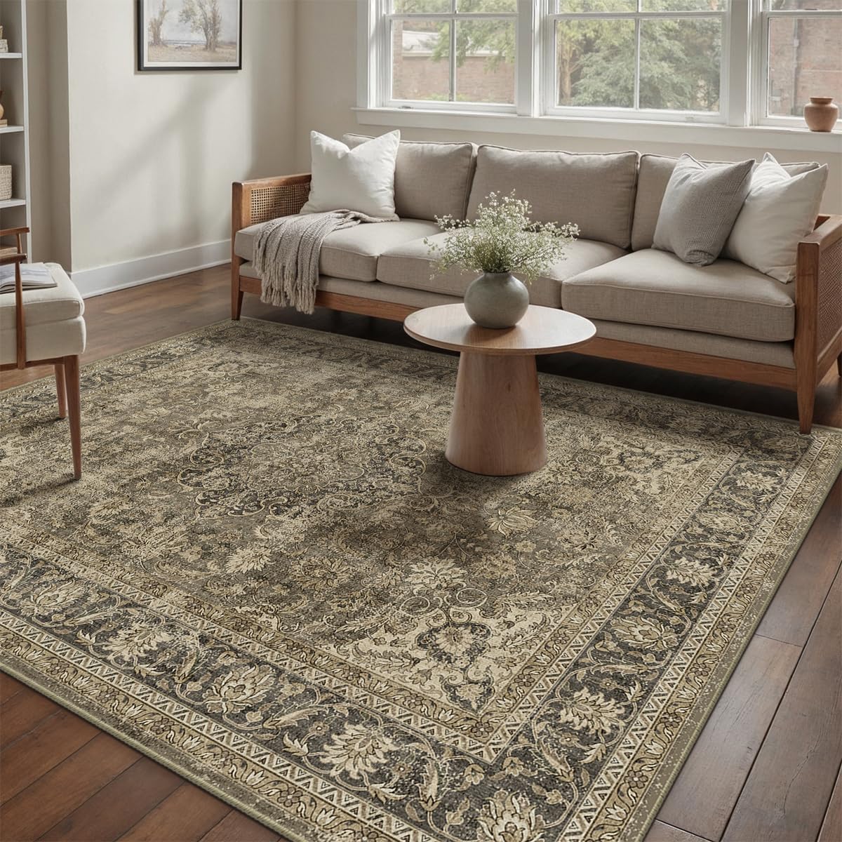 wondrg 5x7 washable brown area rug vintage living room bedroom carpet non-slip soft low pile distressed indoor throw rug for dining room entryway office