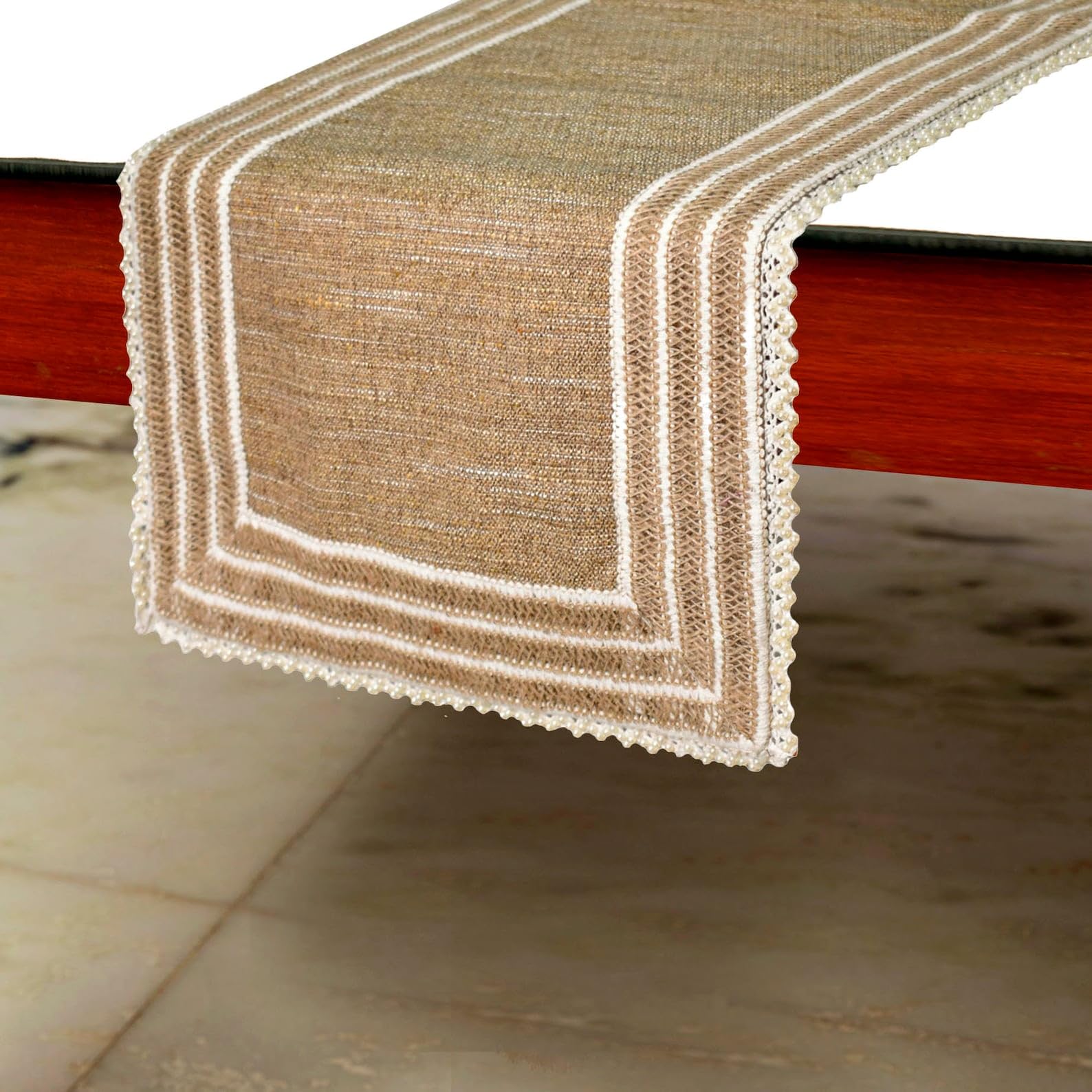 The HomeCentric Dekoracyjny Beżowy Bieżnik, 35 x 225 cm Juta Bieżnik, Koronka, juta, marokańska, boho, Solidny Bielizna stołowa, Współczesny Dekoracje ślubne - Jute Table Charm