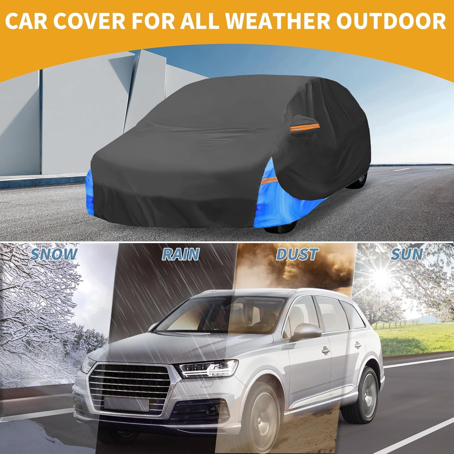 All-Weather Waterproof Car Cover - UV-Resistant Outdoor Full Exterior Protection for Ford Fiesta Sedan 210D-PU Black Blue with Right Side Zipper