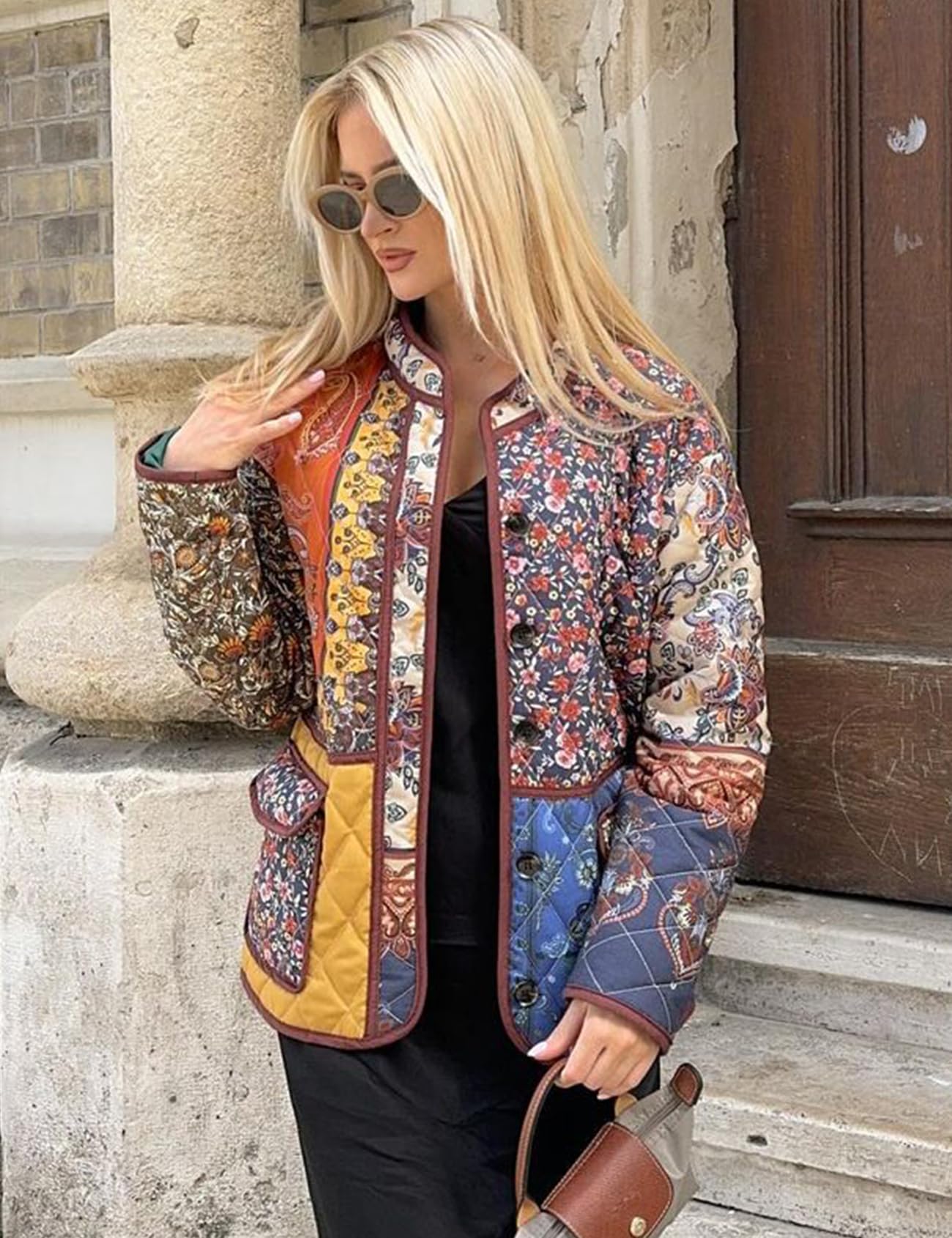 Eisctnd Chaqueta corta acolchada floral ligera de manga larga acolchada con botones y cuernos para mujer