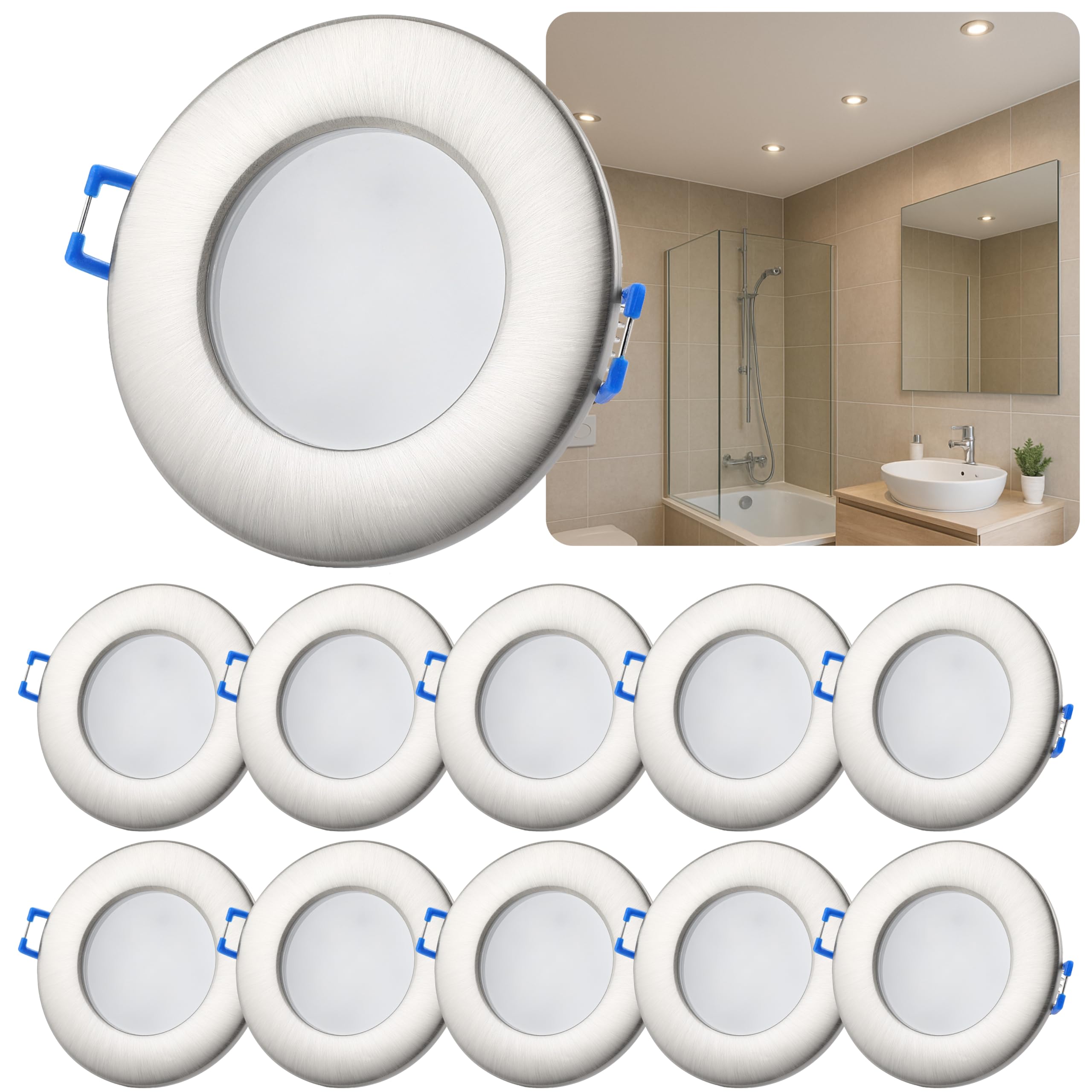 Sweet Led Einbaustrahler 230V IP44 – 10er Set flache Deckenspots 6,5W 530lm warmweiß 3000K Ø68mm Einbau – Chrom gebürstet für Bad, Küche, Feuchträume