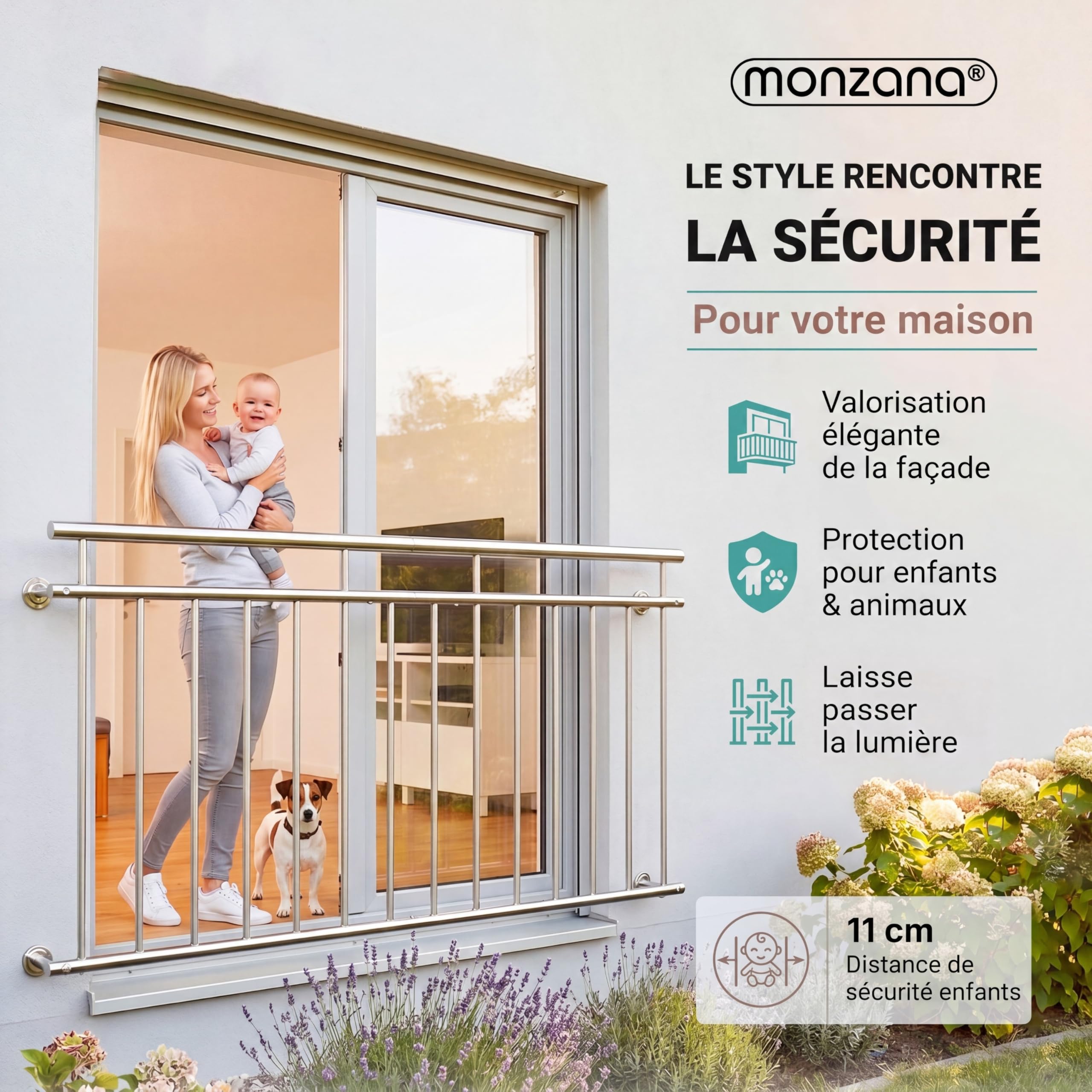 MONZANA® Balustrade de balcon français 128 cm acier inoxydable main courante garde-corps sécurité fenêtre barreaux